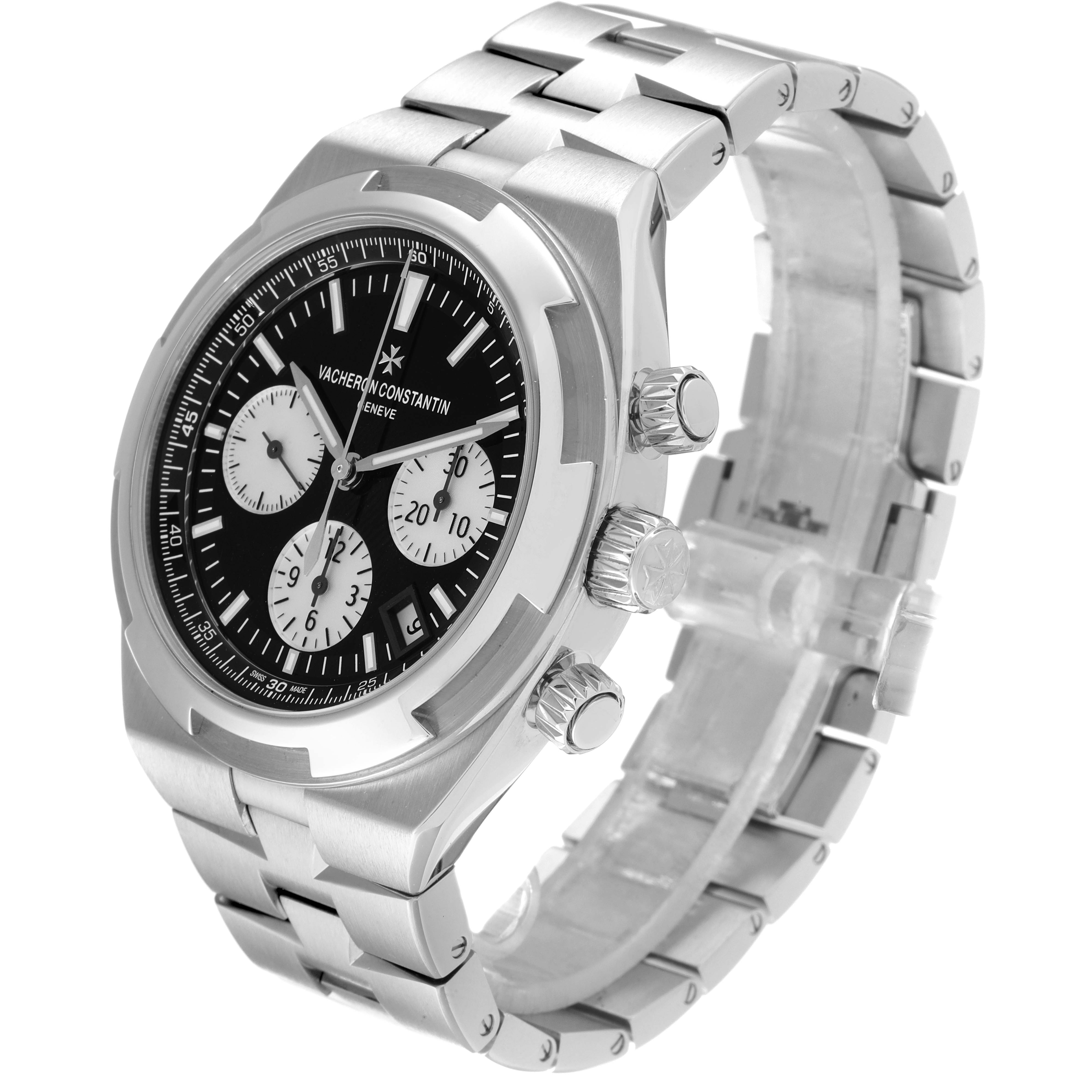 The Vacheron Constantin Overseas 5500V/110A-B481 Men's Stainless Steel Black Dial 5500V/110A-B481 Men's Stainless Steel Black Dial watch is shown from a three-quarter right angle, highlighting the face, crown, and bracelet.