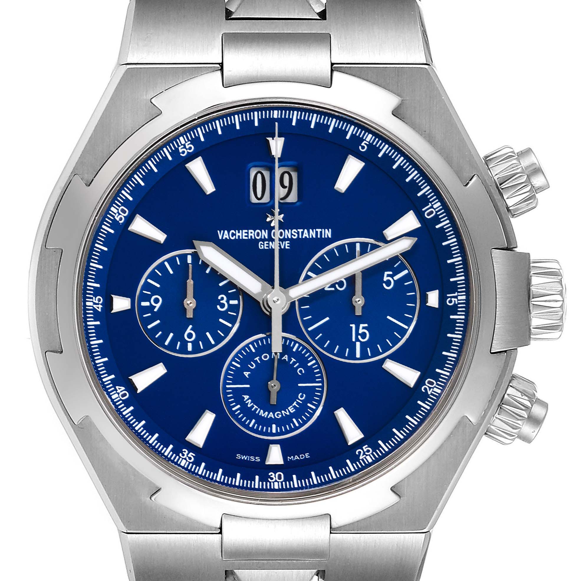 The image shows a front view of the Vacheron Constantin Overseas 49150/000A-9745 Men's Stainless Steel Blue Dial 49150/000A-9745 Men's Stainless Steel Blue Dial watch, highlighting its blue dial and stainless steel case.