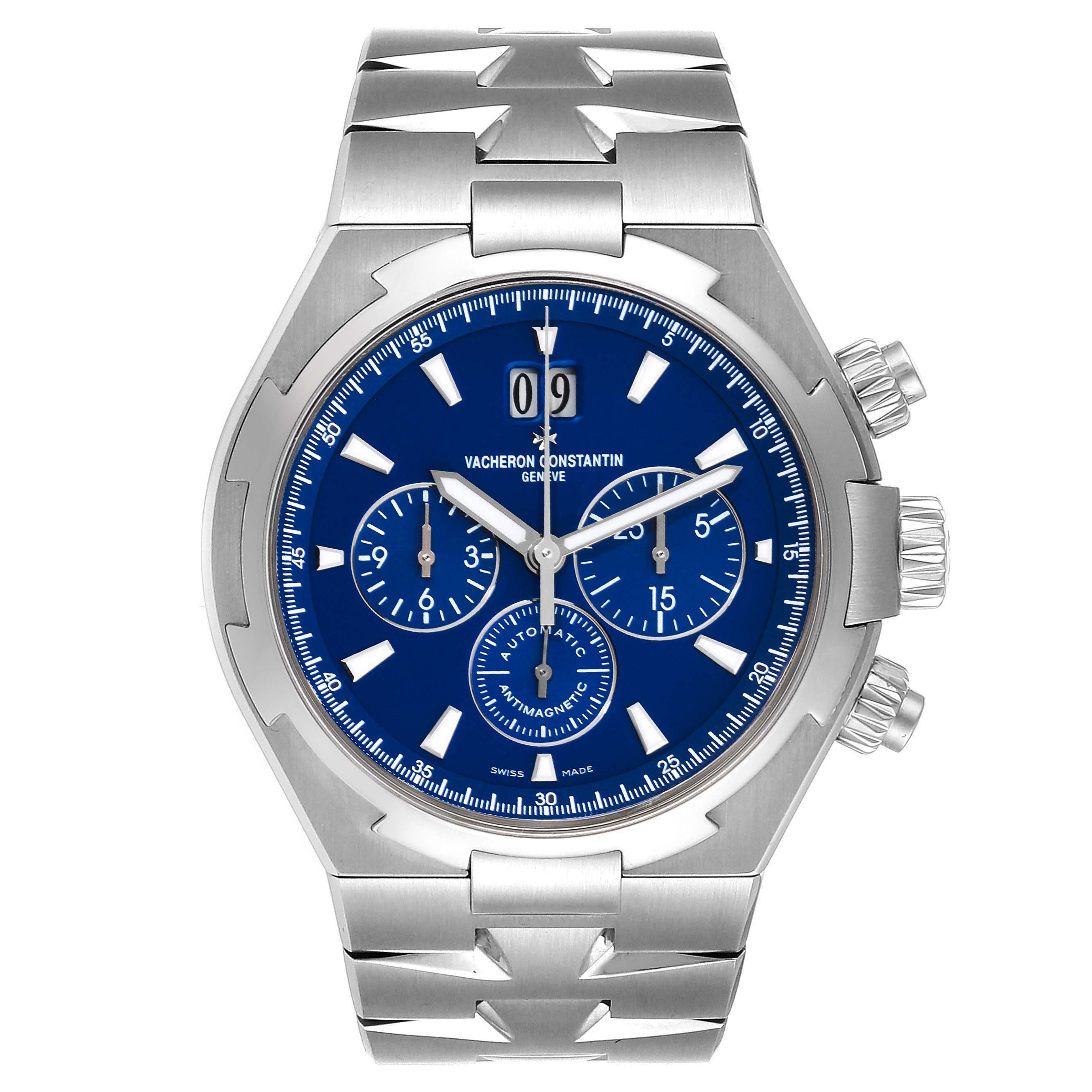 The image shows a front view of the Vacheron Constantin Overseas 49150/000A-9745 Men's Stainless Steel Blue Dial 49150/000A-9745 Men's Stainless Steel Blue Dial watch featuring a blue dial and stainless steel bracelet.