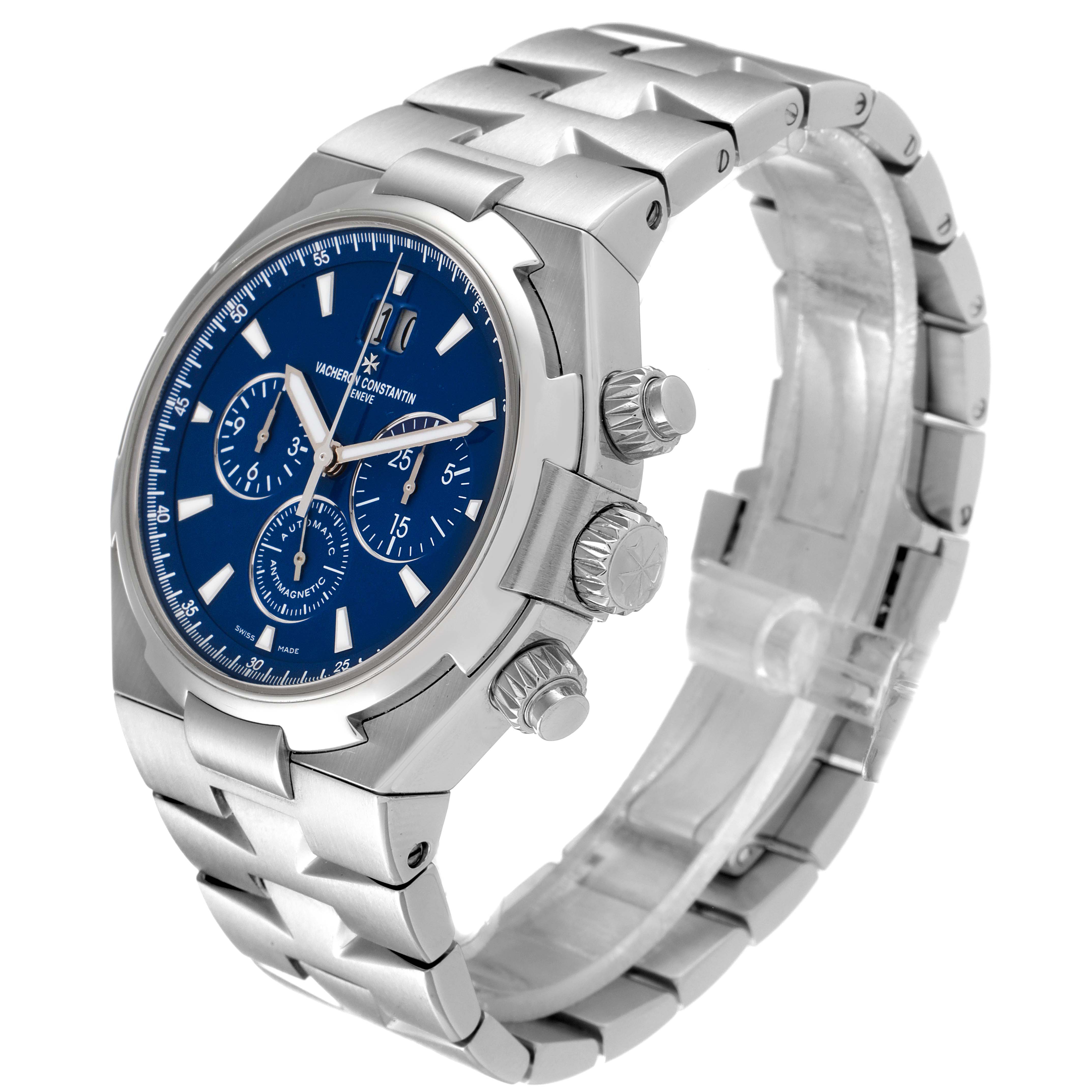 The image shows a Vacheron Constantin Overseas 49150/000A-9745 Men's Stainless Steel Blue Dial 49150/000A-9745 Men's Stainless Steel Blue Dial model watch from a three-quarter front angle, detailing the dial, case, and bracelet.