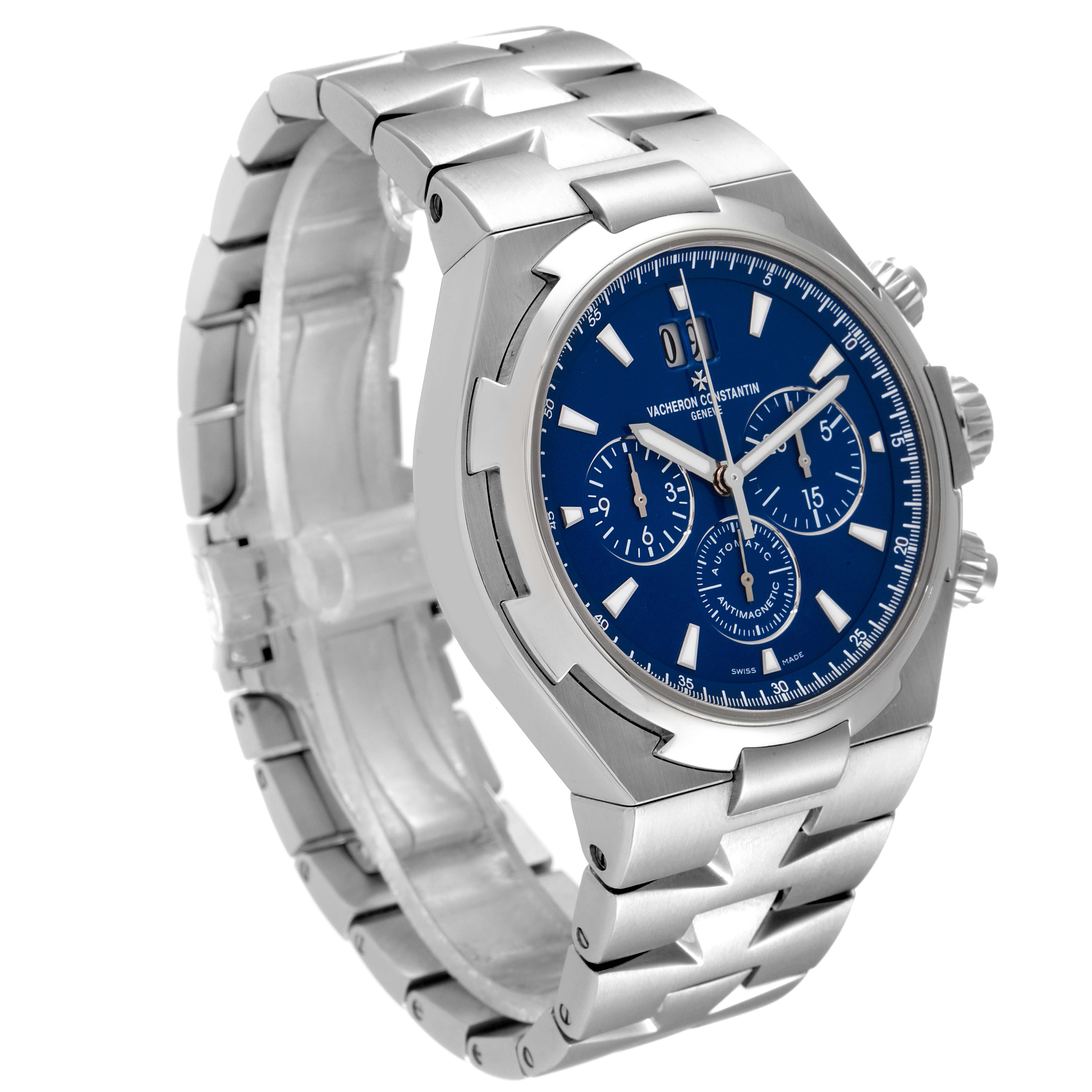 The image shows a Vacheron Constantin Overseas 49150/000A-9745 Men's Stainless Steel Blue Dial 49150/000A-9745 Men's Stainless Steel Blue Dial watch at a three-quarter angle, highlighting the blue dial, bezel, crown, and stainless steel bracelet.