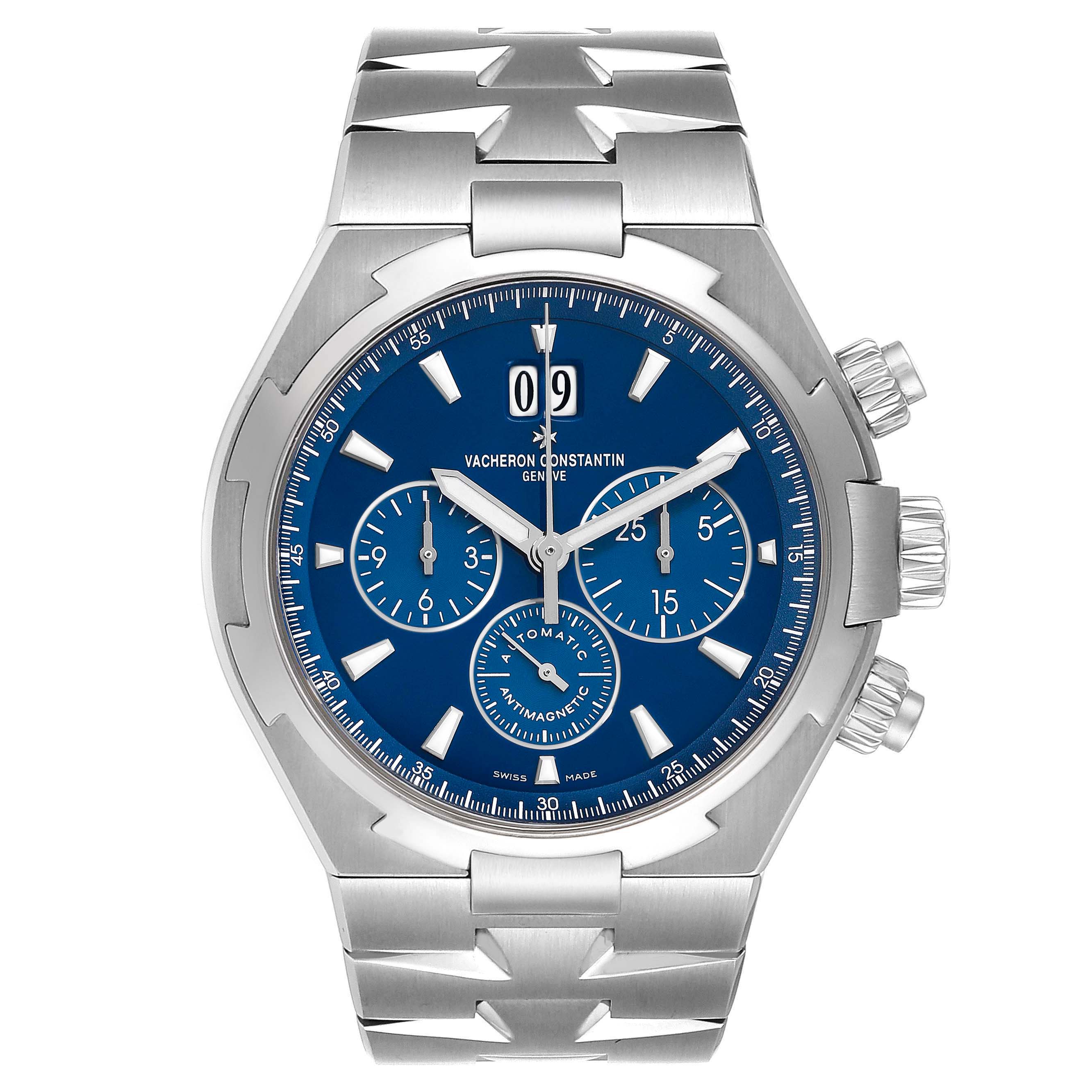 The Vacheron Constantin Overseas 49150/000A-9745 Men's Stainless Steel Blue Dial watch is shown from the front, displaying its blue dial, subdials, date window, and stainless steel bracelet.