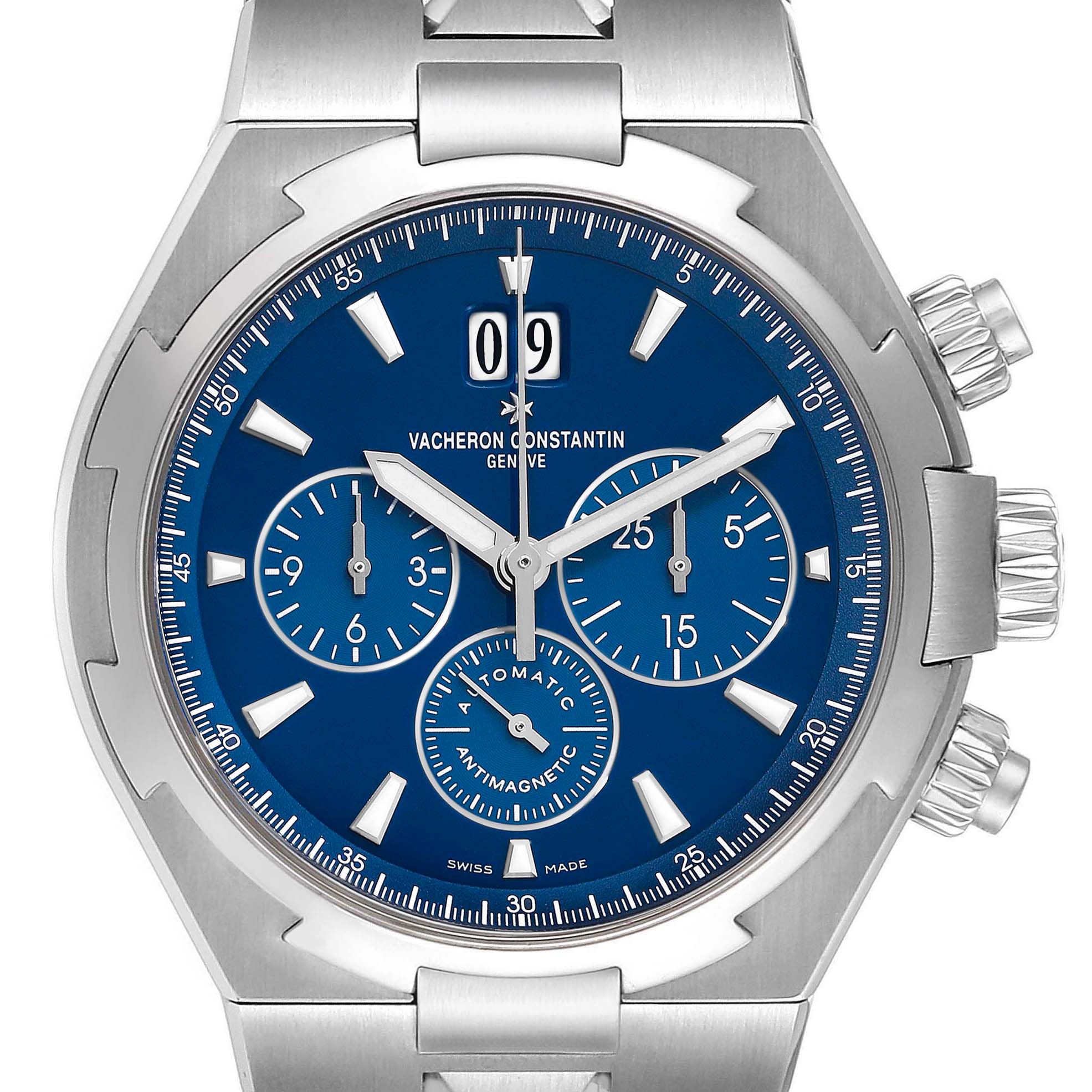 The Vacheron Constantin Overseas 49150/000A-9745 Men's Stainless Steel Blue Dial watch is shown from a frontal angle, highlighting its blue dial, three subdials, and push buttons.