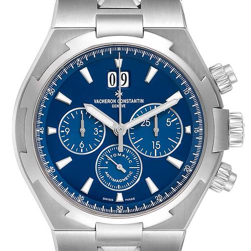 The Vacheron Constantin Overseas 49150/000A-9745 Men's Stainless Steel Blue Dial watch is shown from a front angle, highlighting the blue dial, chronograph subdials, and date window.