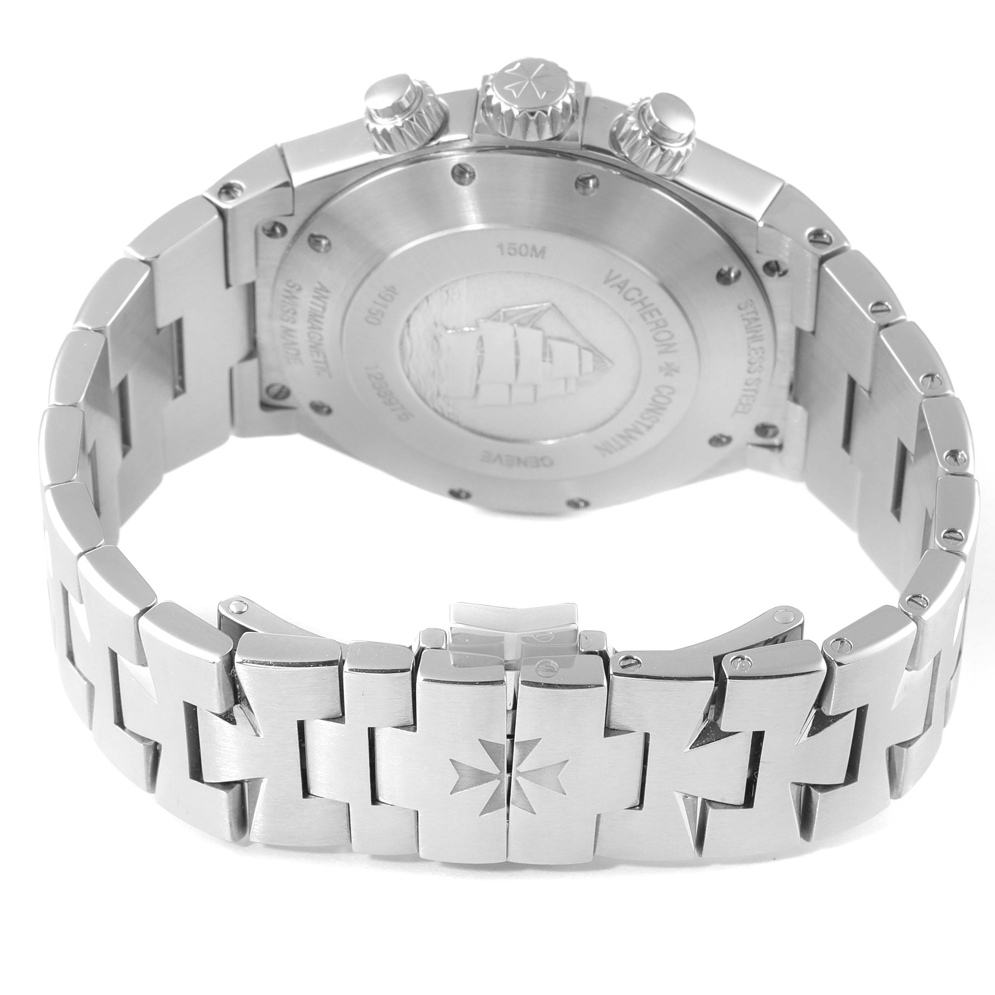 The image shows the back view of a Vacheron Constantin Overseas 49150/000A-9745 Men's Stainless Steel Blue Dial 49150/000A-9745 Men's Stainless Steel Blue Dial watch, highlighting its bracelet and clasp.