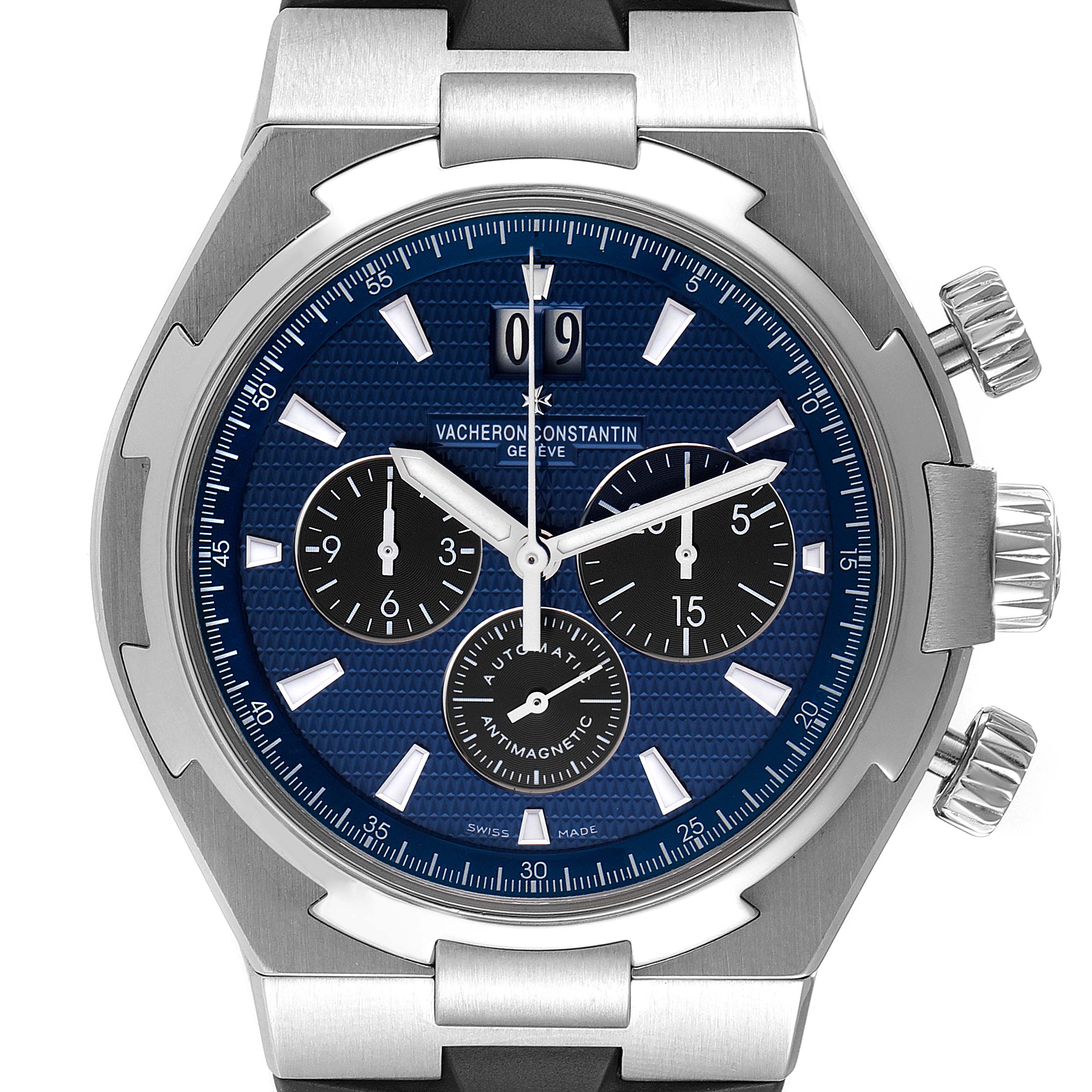 This image shows a front view of the Vacheron Constantin Overseas 49152/000A-9540 Men's Stainless Steel Blue Dial 49152/000A-9540 Men's Stainless Steel Blue Dial watch, highlighting its dial and three subdials.