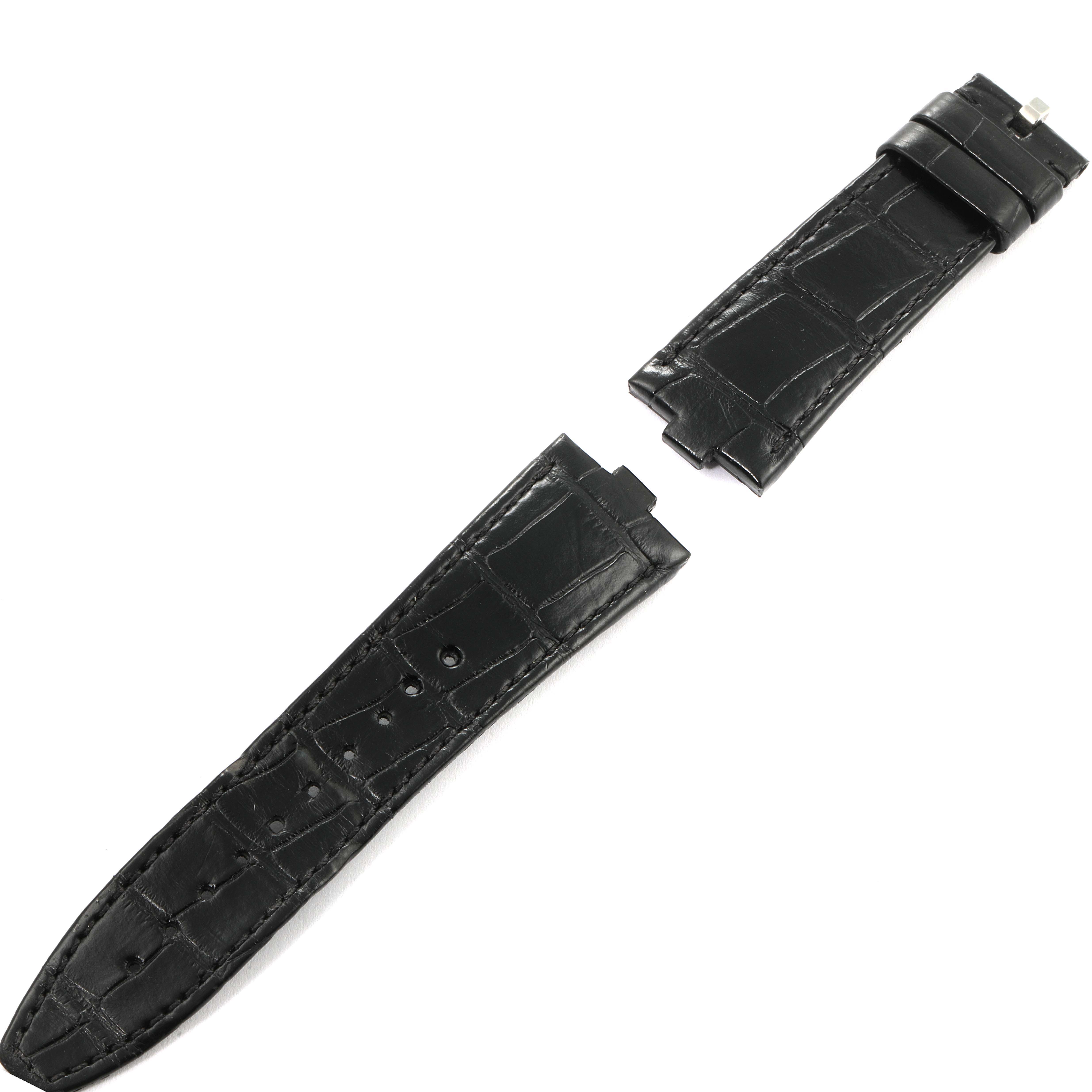 This image shows separate black leather watch straps for the Vacheron Constantin Overseas 49152/000A-9540 Men's Stainless Steel Blue Dial 49152/000A-9540 Men's Stainless Steel Blue Dial model from a top-down angle.