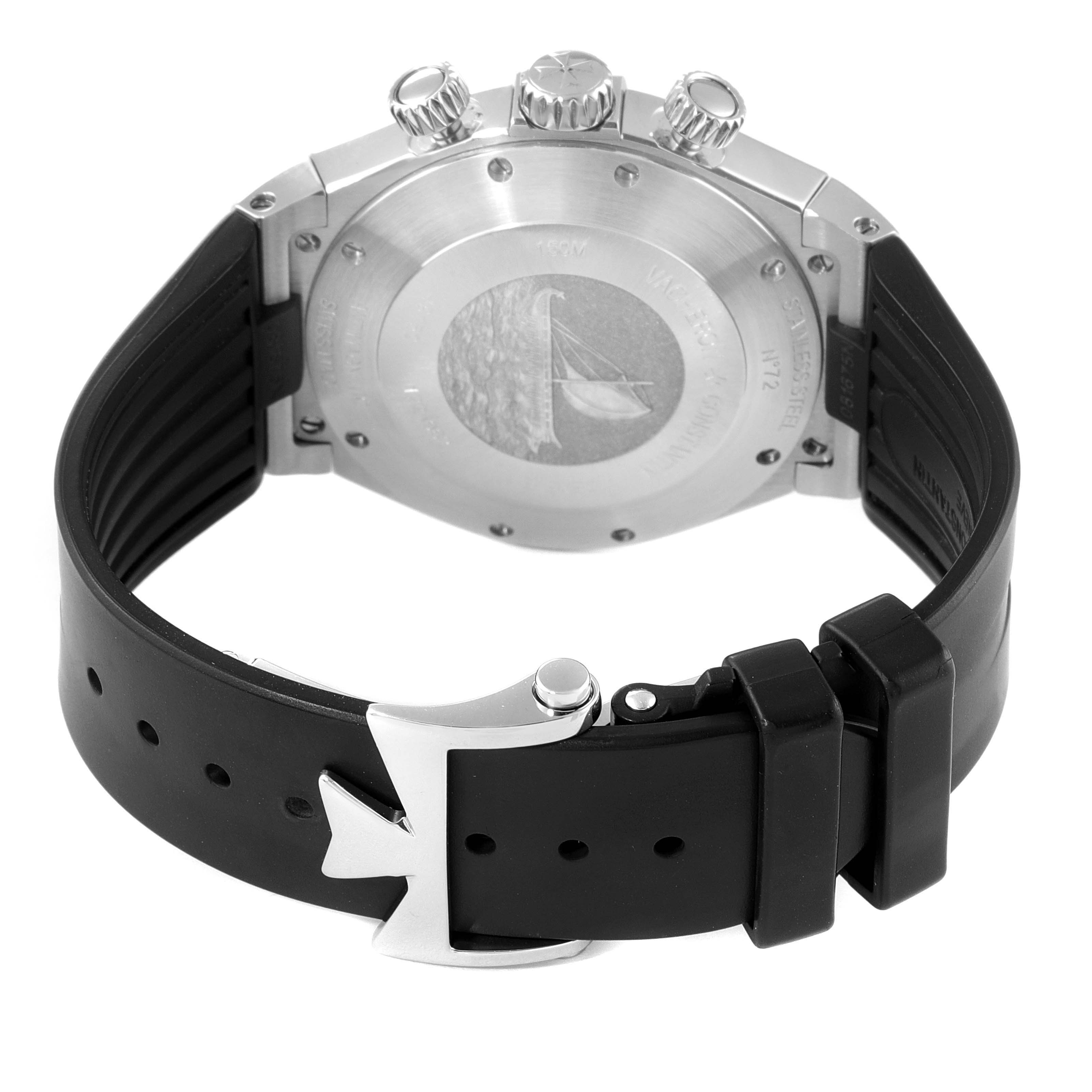 The image shows the back view of a Vacheron Constantin Overseas 49152/000A-9540 Men's Stainless Steel Blue Dial 49152/000A-9540 Men's Stainless Steel Blue Dial model watch, highlighting the case back, crown, chronograph pushers, and rubber strap.