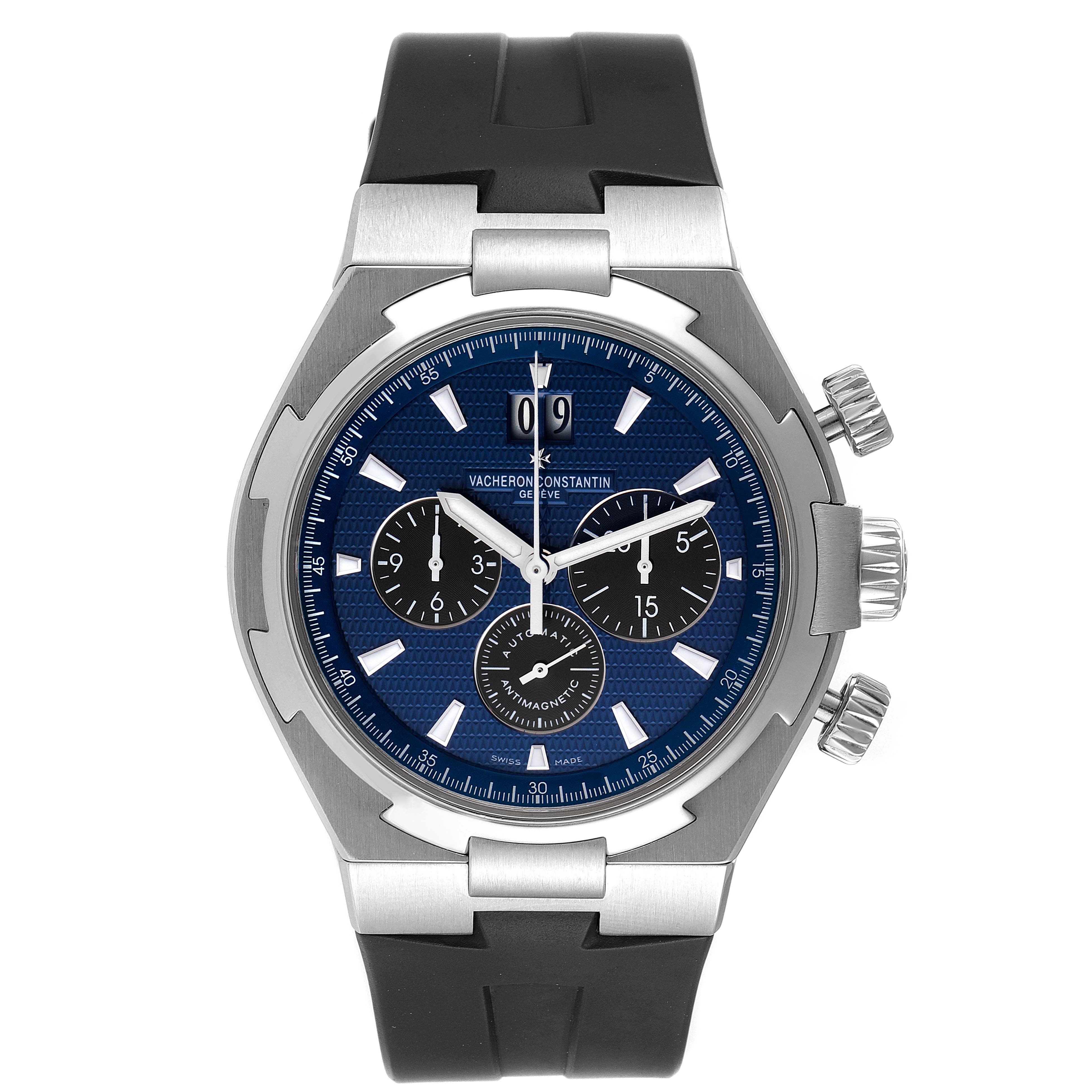 The image shows a front view of the Vacheron Constantin Overseas 49152/000A-9540 Men's Stainless Steel Blue Dial 49152/000A-9540 Men's Stainless Steel Blue Dial watch, displaying its blue dial, chronograph subdials, and black rubber strap.