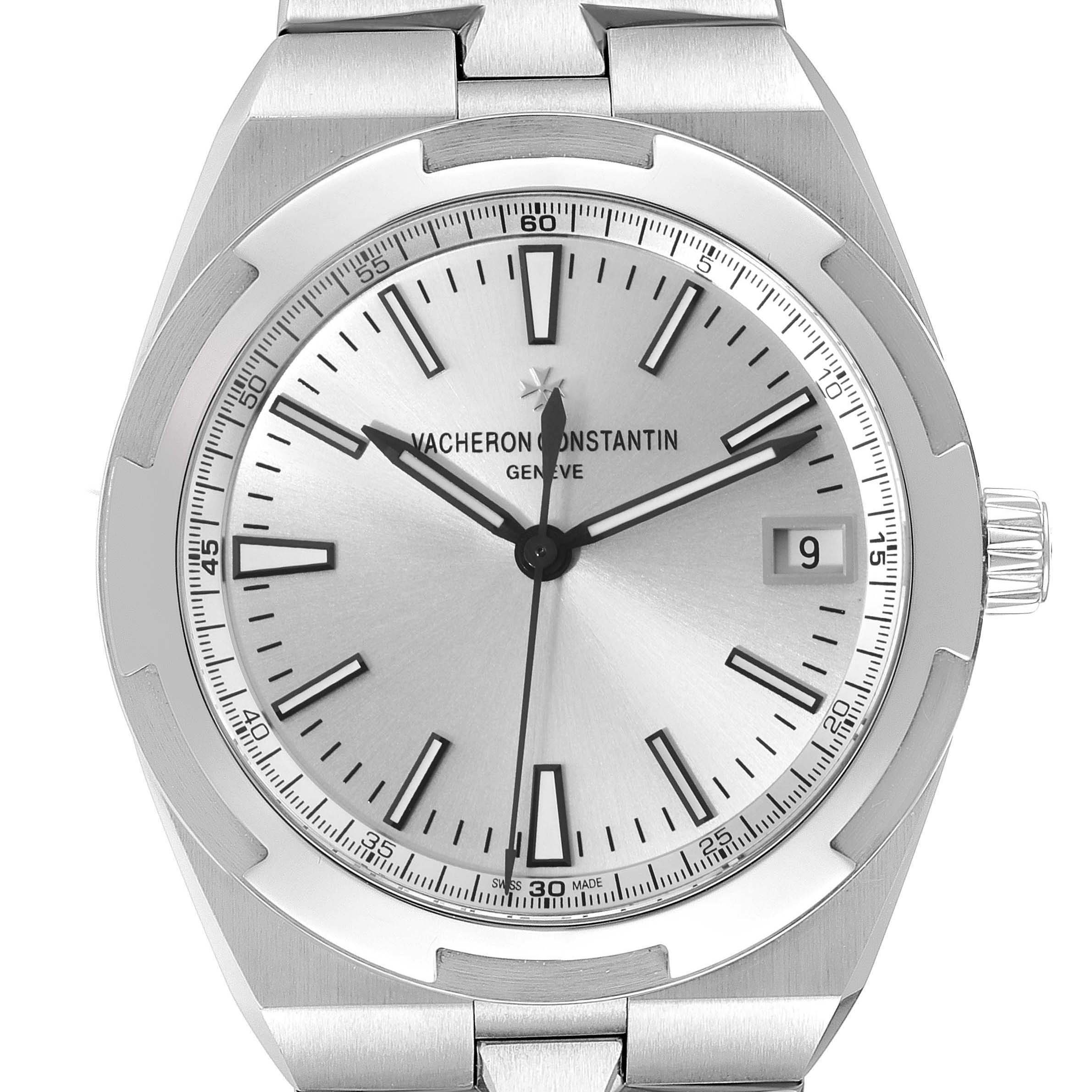 This is a frontal close-up of a Vacheron Constantin Overseas 4500V/110A-B126 Men's Stainless Steel Silver Dial 4500V/110A-B126 Men's Stainless Steel Silver Dial model watch showing the dial, hands, date window, and part of the bracelet.