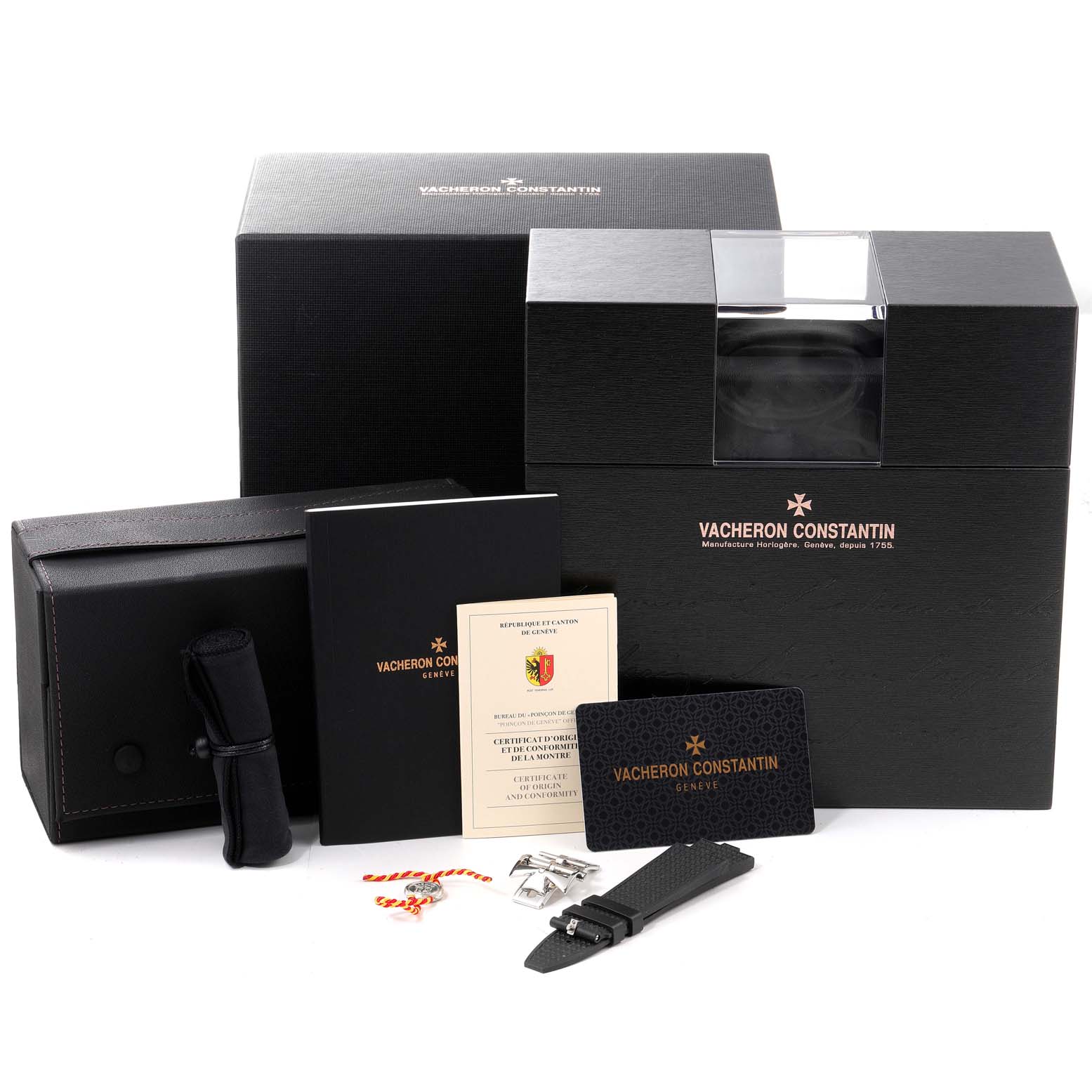 The image shows the box, documents, additional straps, a warranty card, and accessories for the Vacheron Constantin Overseas 4500V/110A-B126 Men's Stainless Steel Silver Dial 4500V/110A-B126 Men's Stainless Steel Silver Dial model.