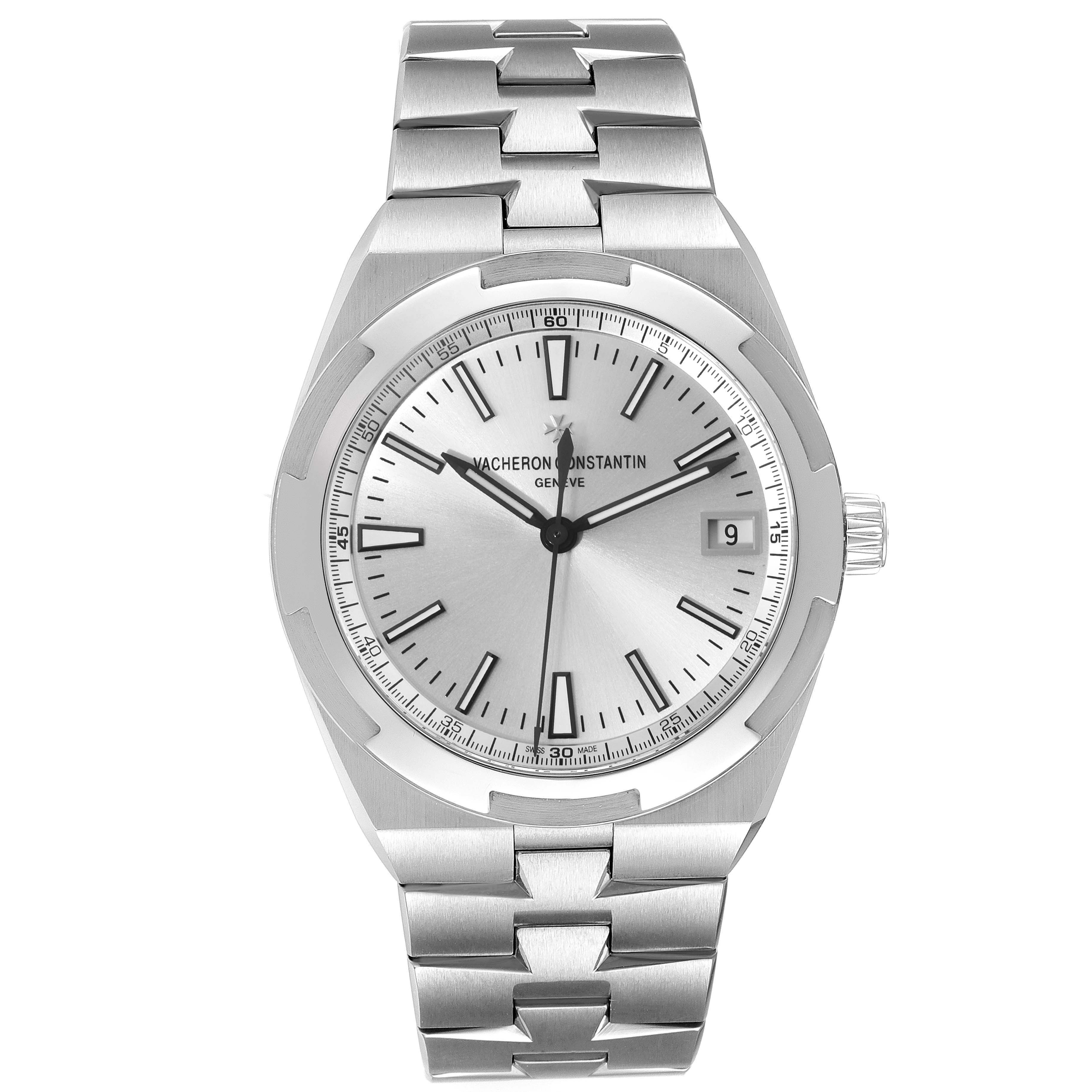 The image shows a front view of the Vacheron Constantin Overseas 4500V/110A-B126 Men's Stainless Steel Silver Dial 4500V/110A-B126 Men's Stainless Steel Silver Dial watch, displaying its dial, bezel, and bracelet.