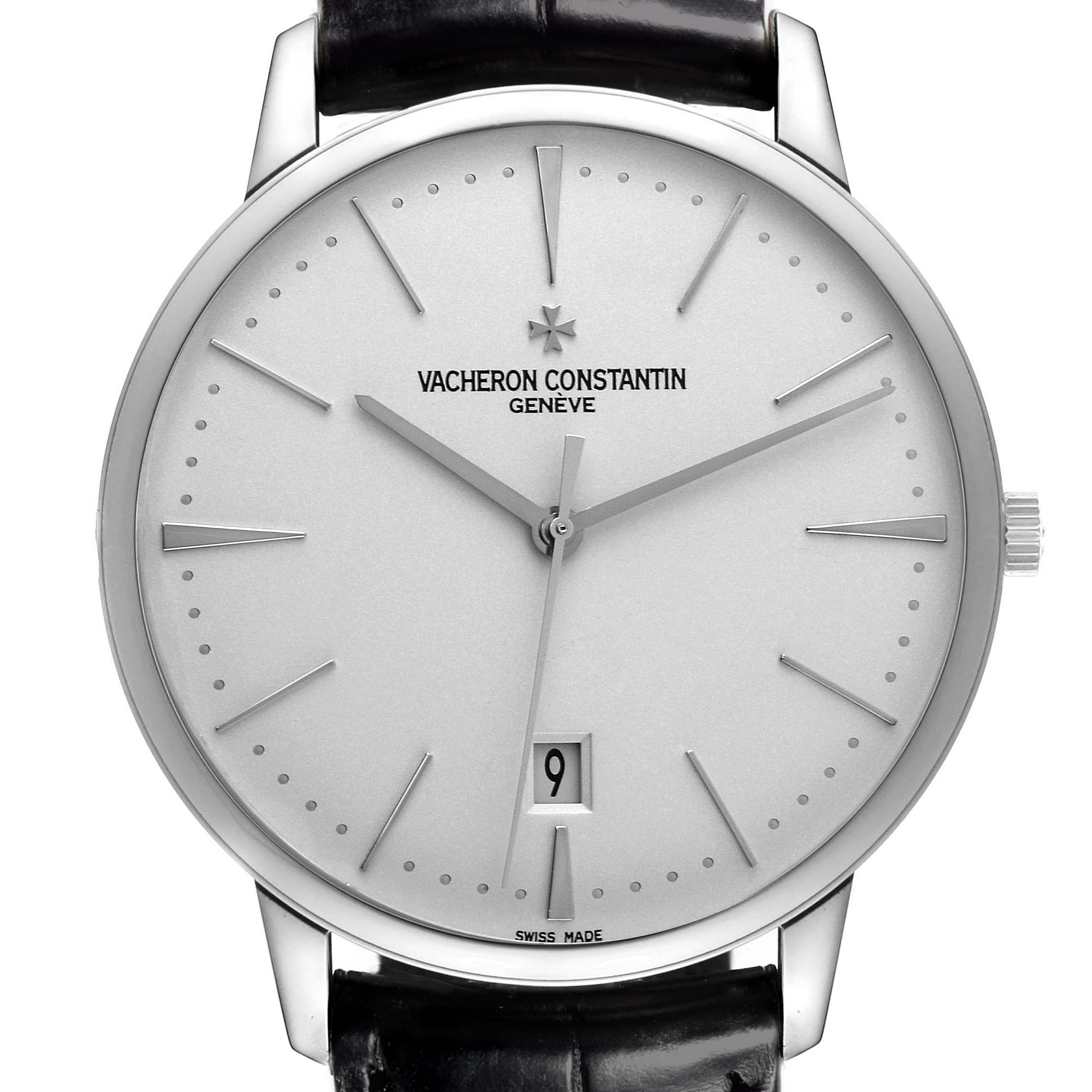 The Vacheron Constantin Patrimony 85180/000G-9230 Men's White Gold Silver Dial 85180/000G-9230 Men's White Gold Silver Dial watch is shown from a front angle, featuring the dial, hands, markers, and date window.