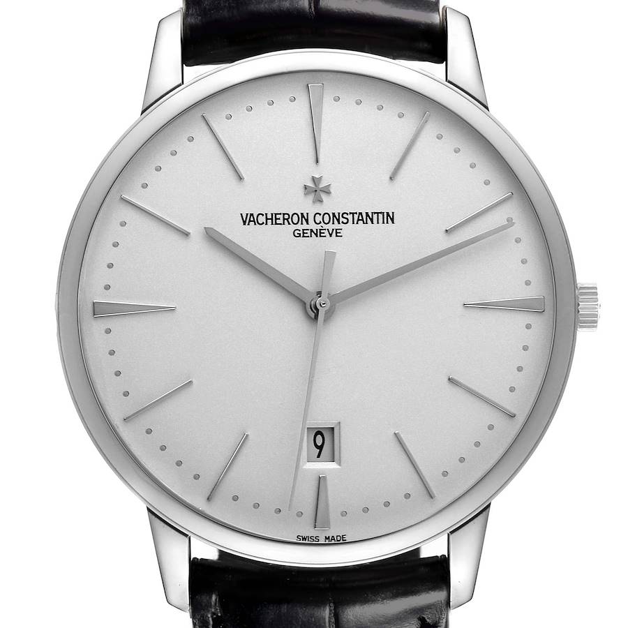 The Vacheron Constantin Patrimony watch is shown from a front angle, featuring the dial, hands, markers, and date window.