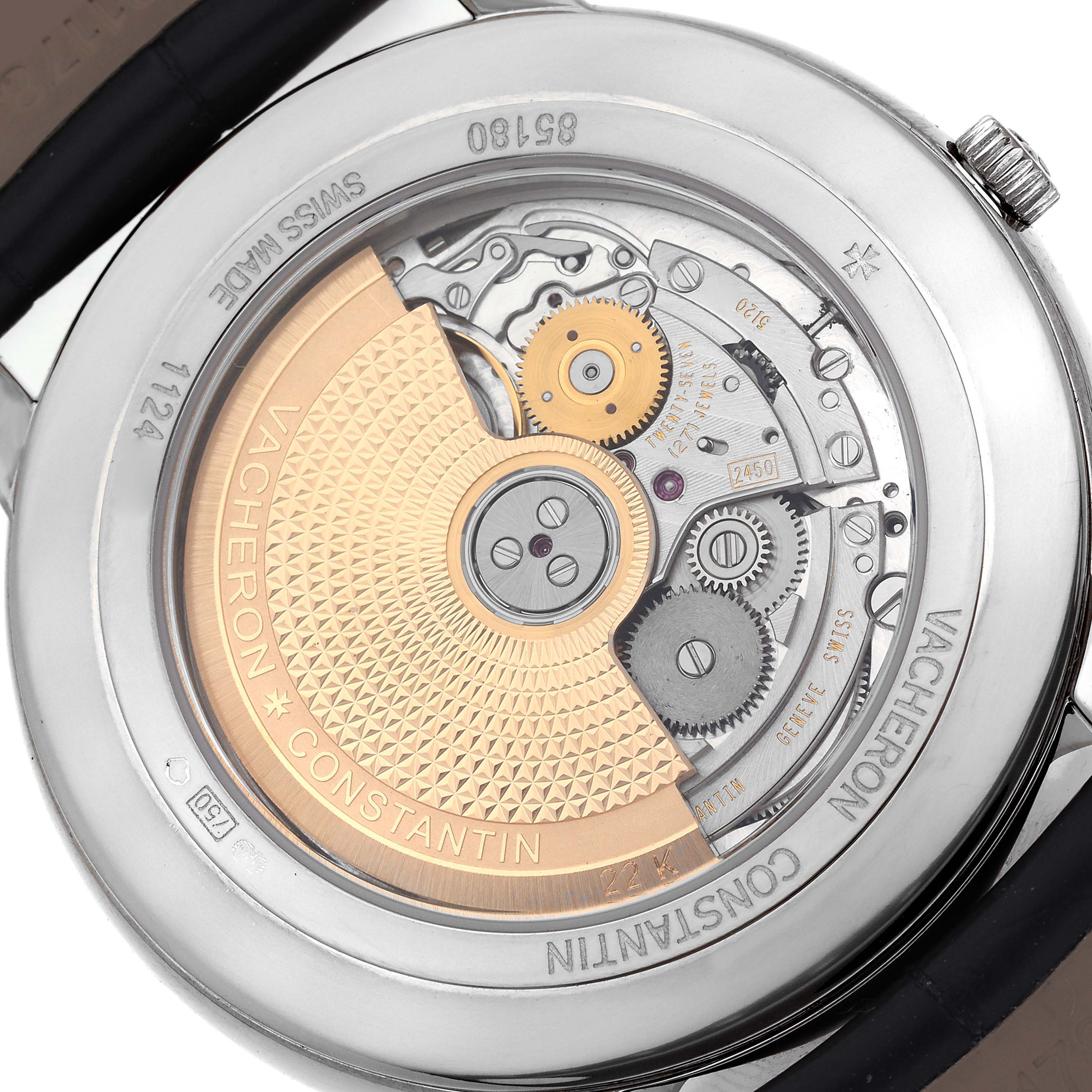 The image shows the back view of the Vacheron Constantin Patrimony 85180/000G-9230 Men's White Gold Silver Dial 85180/000G-9230 Men's White Gold Silver Dial, highlighting its intricate movement and rotor design.