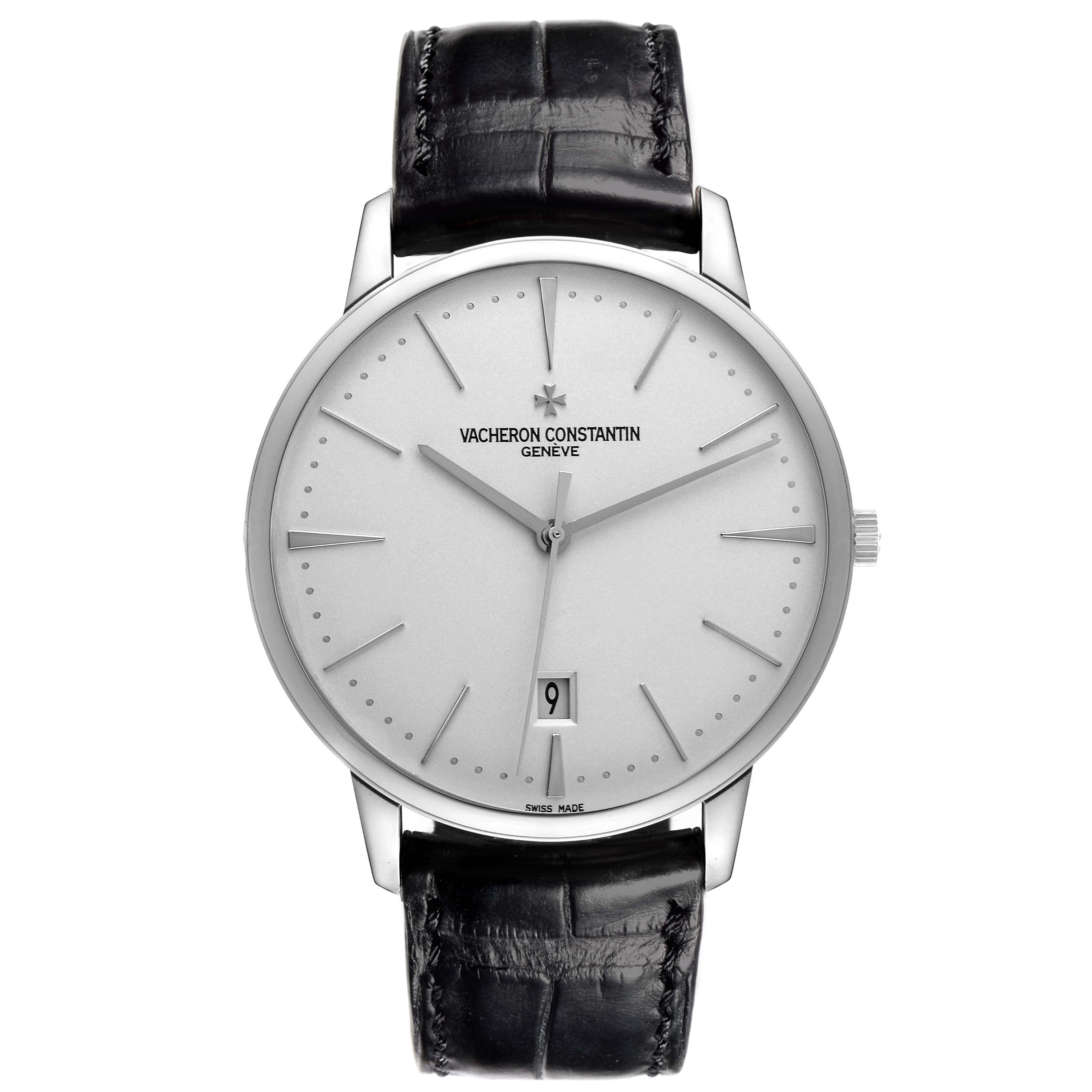 The Vacheron Constantin Patrimony 85180/000G-9230 Men's White Gold Silver Dial 85180/000G-9230 Men's White Gold Silver Dial watch is shown from the front, highlighting the face, hands, date window, and leather strap.