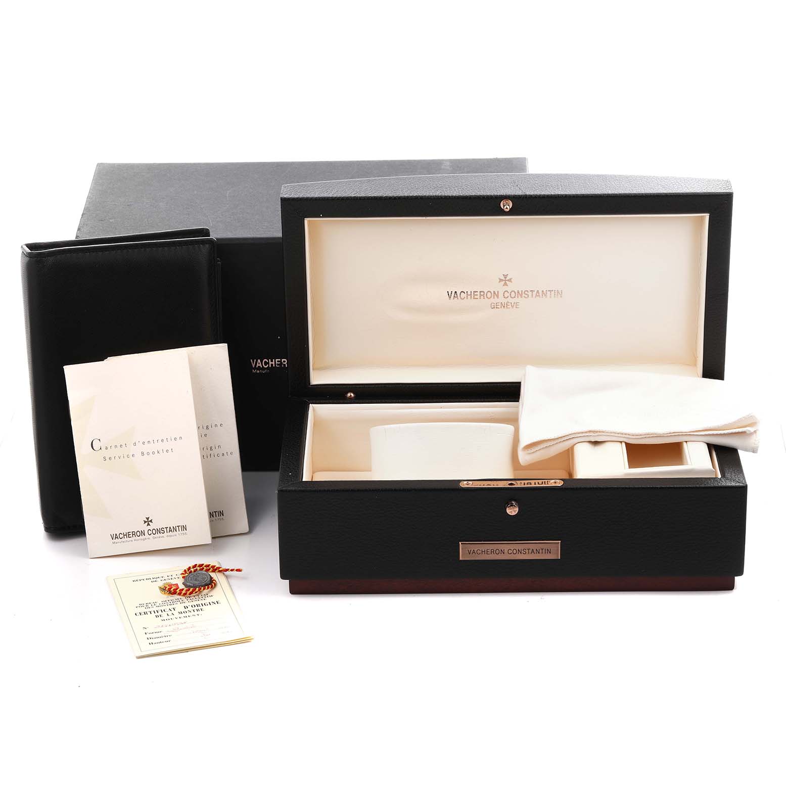 The image shows a Vacheron Constantin Patrimony 85180/000G-9230 Men's White Gold Silver Dial 85180/000G-9230 Men's White Gold Silver Dial watch box, certificate, and a cleaning cloth from a straight-on angle.