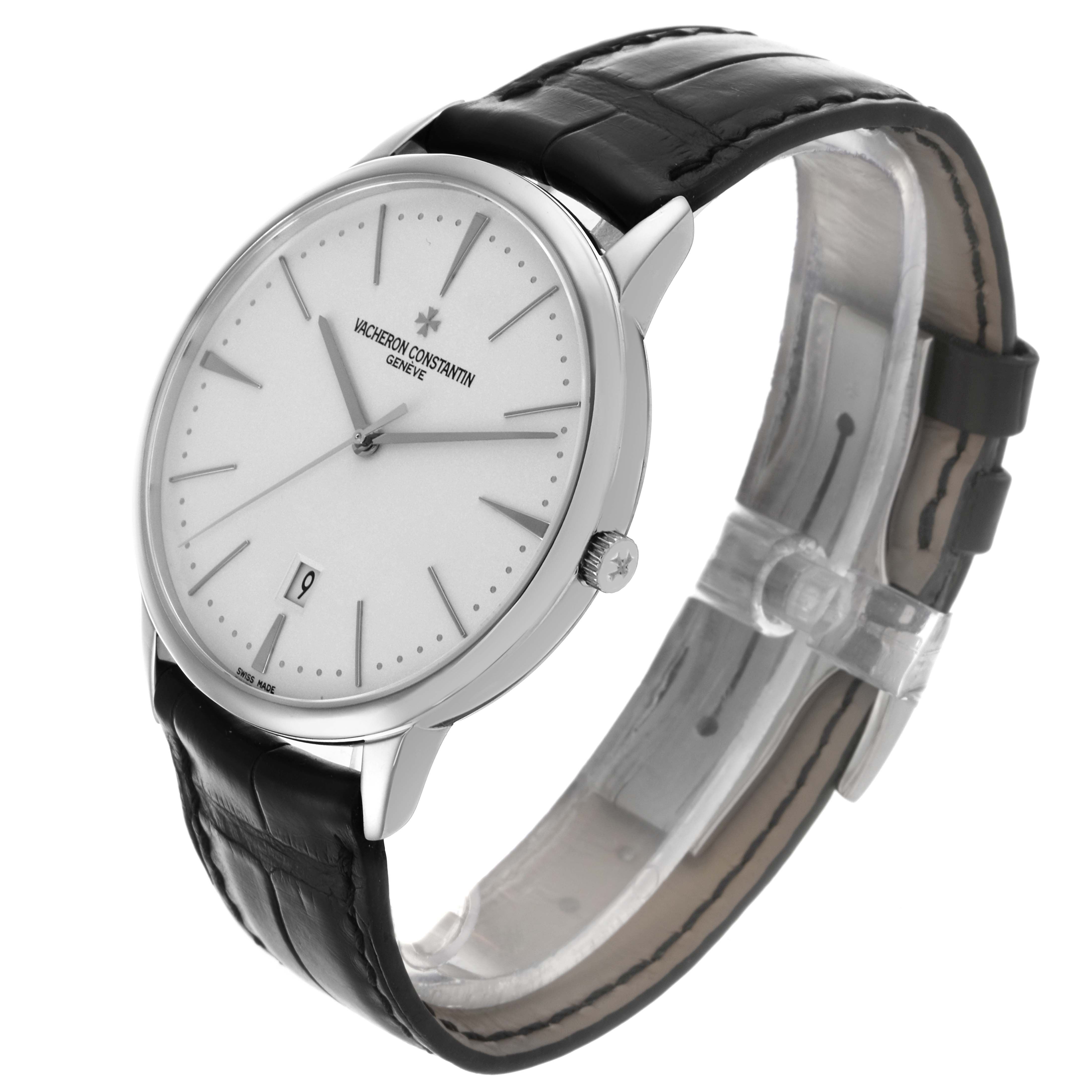 The Vacheron Constantin Patrimony 85180/000G-9230 Men's White Gold Silver Dial 85180/000G-9230 Men's White Gold Silver Dial watch is shown at a three-quarter angle, highlighting the face, crown, and leather strap.