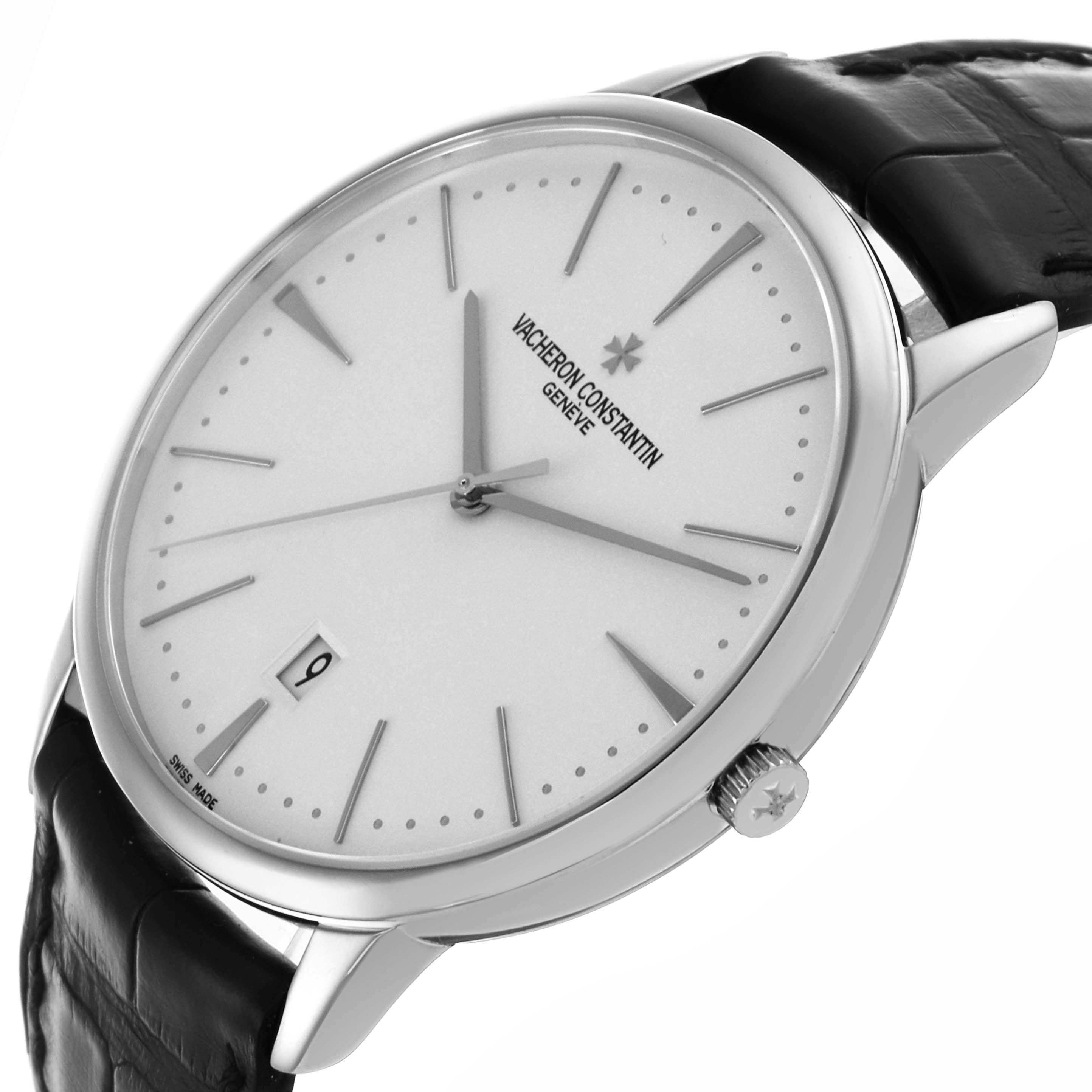 The Vacheron Constantin Patrimony 85180/000G-9230 Men's White Gold Silver Dial 85180/000G-9230 Men's White Gold Silver Dial watch is shown from a three-quarter angle, displaying the dial, crown, and leather strap.