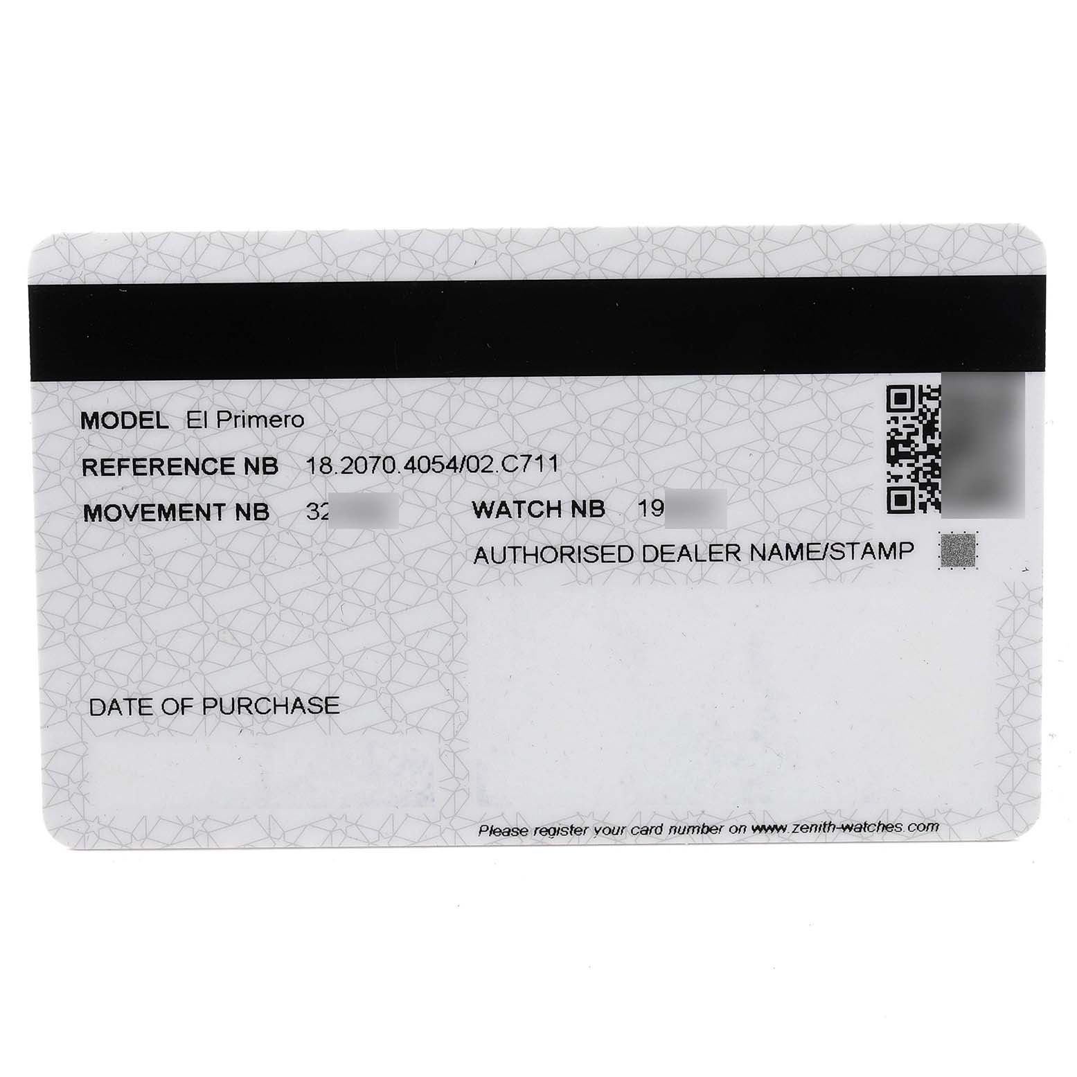 This image shows the warranty card for the Zenith El Primero 18.2070.4054/02.C711 Men's Rose Gold Silver Dial 18.2070.4054/02.C711 Men's Rose Gold Silver Dial watch model.