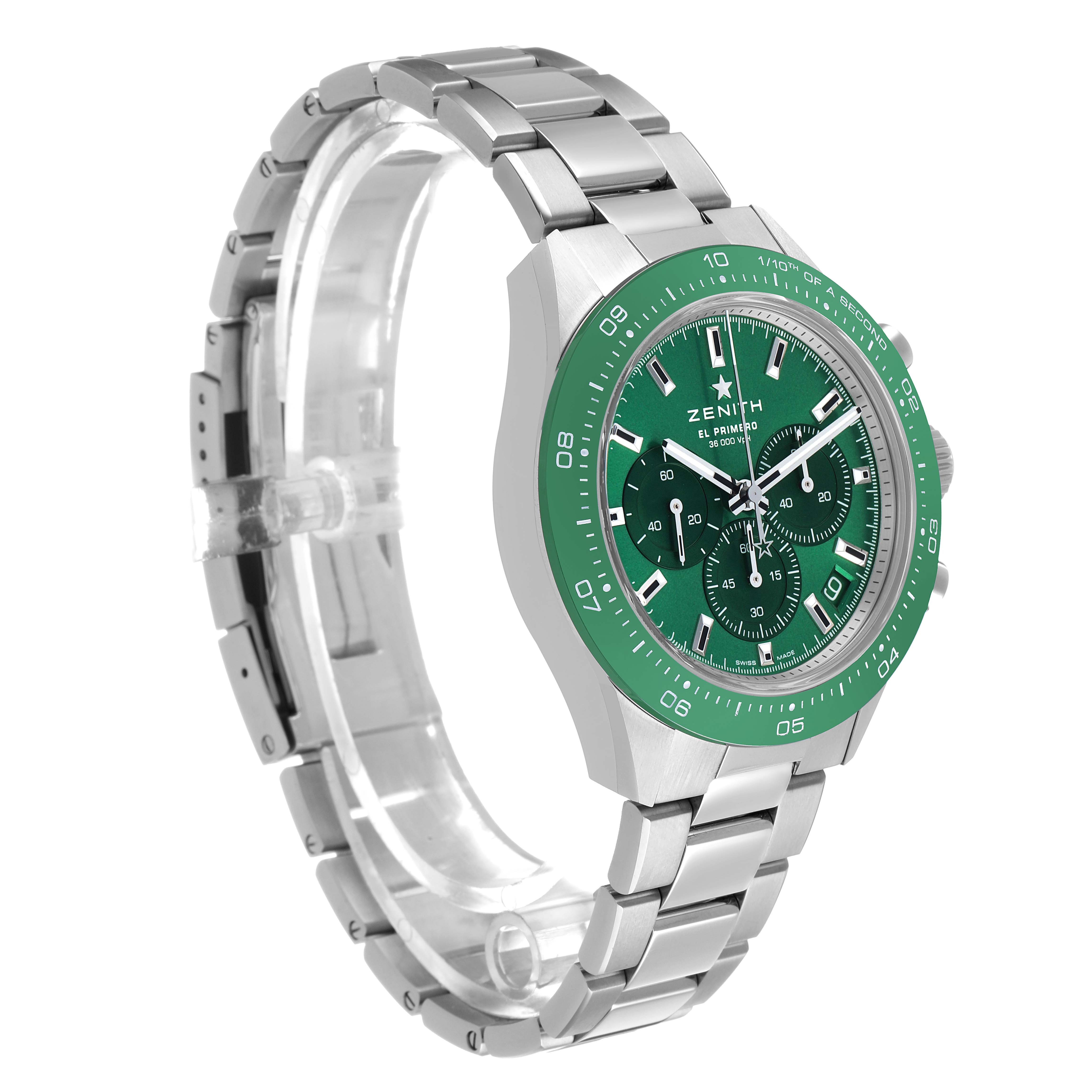 The Zenith Chronomaster 03.3107.3600 Men's Stainless Steel Green Dial watch is shown at a three-quarter angle, displaying its green bezel, dial, and metal bracelet.