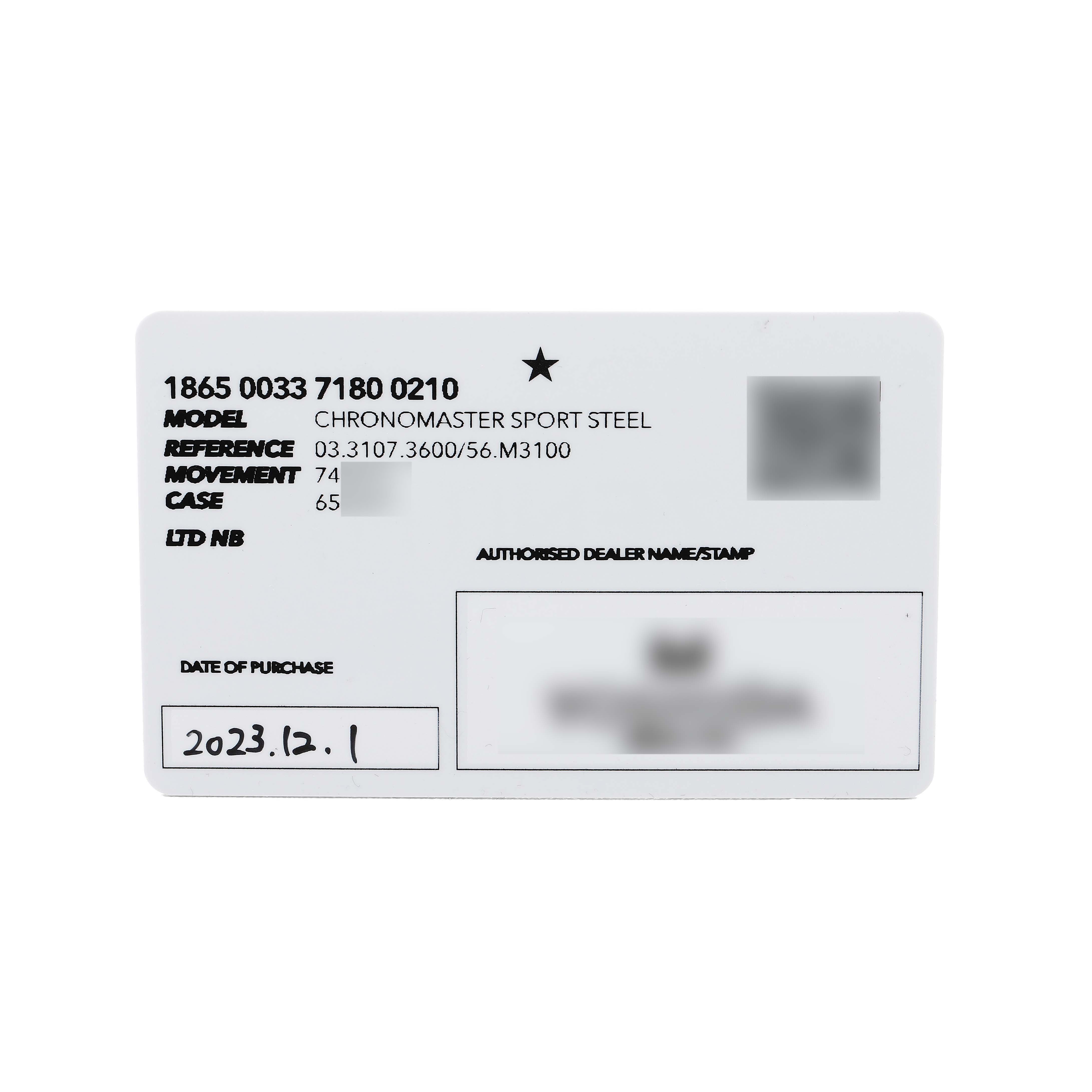 The image shows a warranty card for the Zenith Chronomaster 03.3107.3600 Men's Stainless Steel Green Dial Sport Steel model, displaying its details and purchase date.