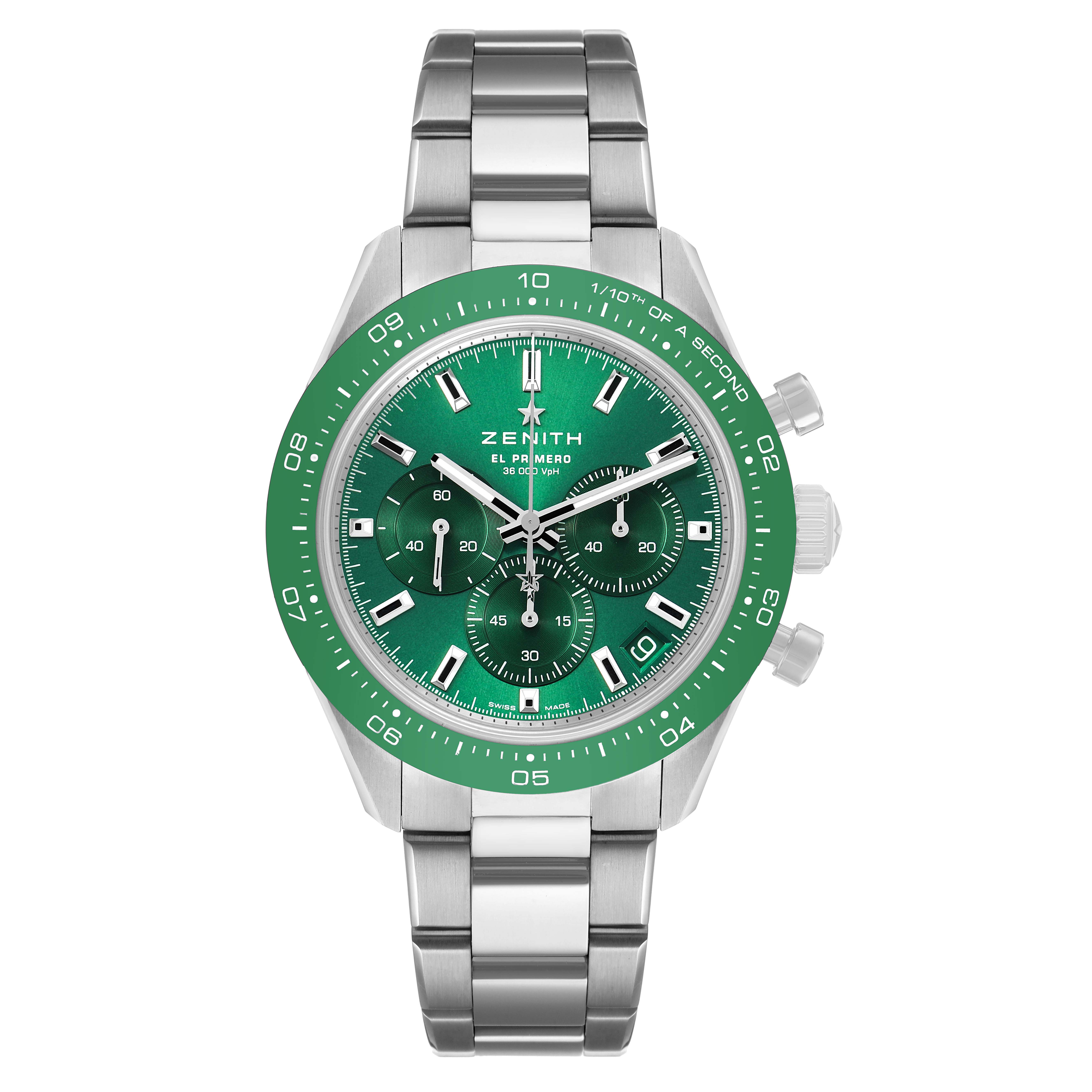 The Zenith Chronomaster 03.3107.3600 Men's Stainless Steel Green Dial watch is shown from the front, displaying its green dial, subdials, bezel, and stainless steel bracelet.