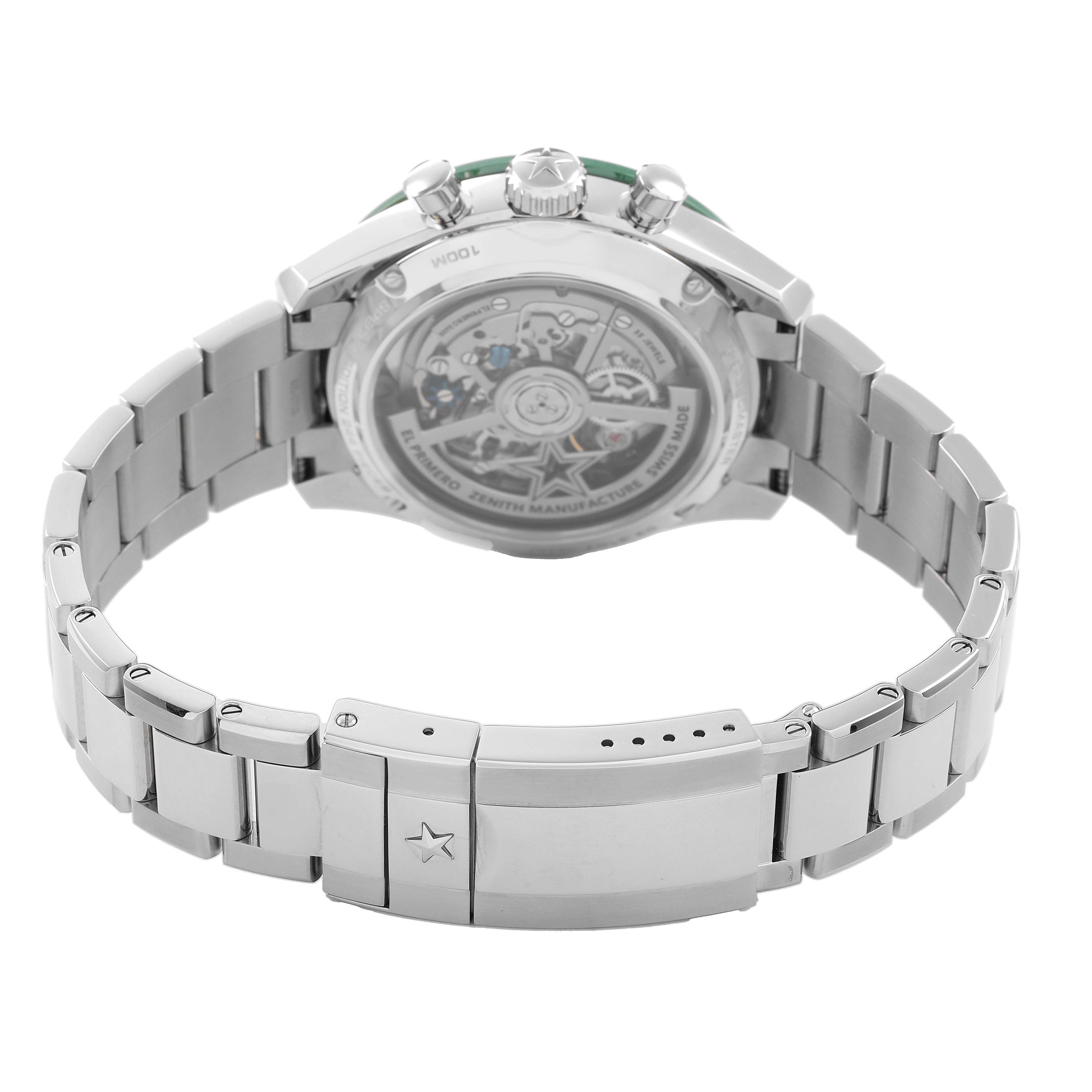 The image shows the back of the Zenith Chronomaster 03.3107.3600 Men's Stainless Steel Green Dial watch, highlighting its transparent case back and metal bracelet.