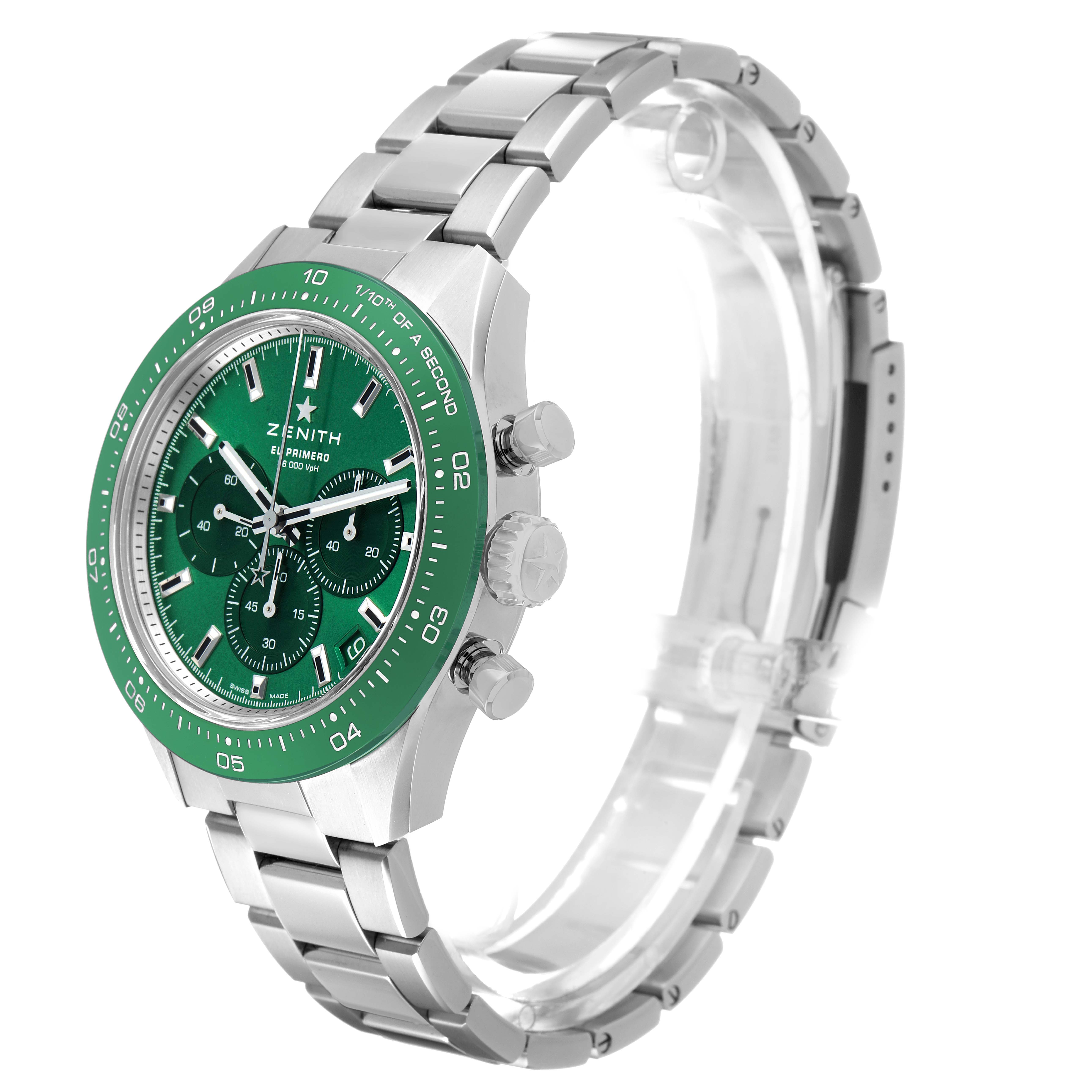 The Zenith Chronomaster 03.3107.3600 Men's Stainless Steel Green Dial watch is angled from the left, showing the face, bezel, bracelet, and side chronograph buttons.
