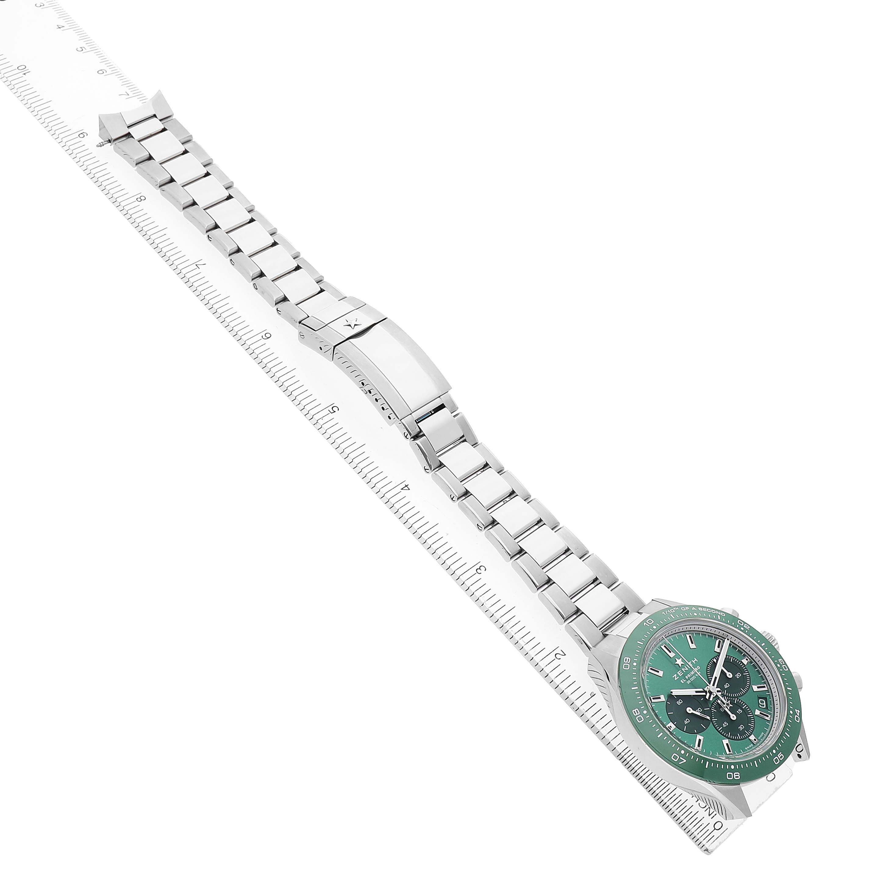 The Zenith Chronomaster 03.3107.3600 Men's Stainless Steel Green Dial watch is shown at an angle highlighting the face, bezel, and complete metal bracelet.