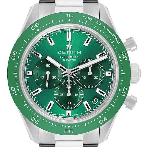 The Zenith Chronomaster 03.3107.3600 Men's Stainless Steel Green Dial watch is shown from the front, featuring its green dial, bezel, and chronograph subdials.