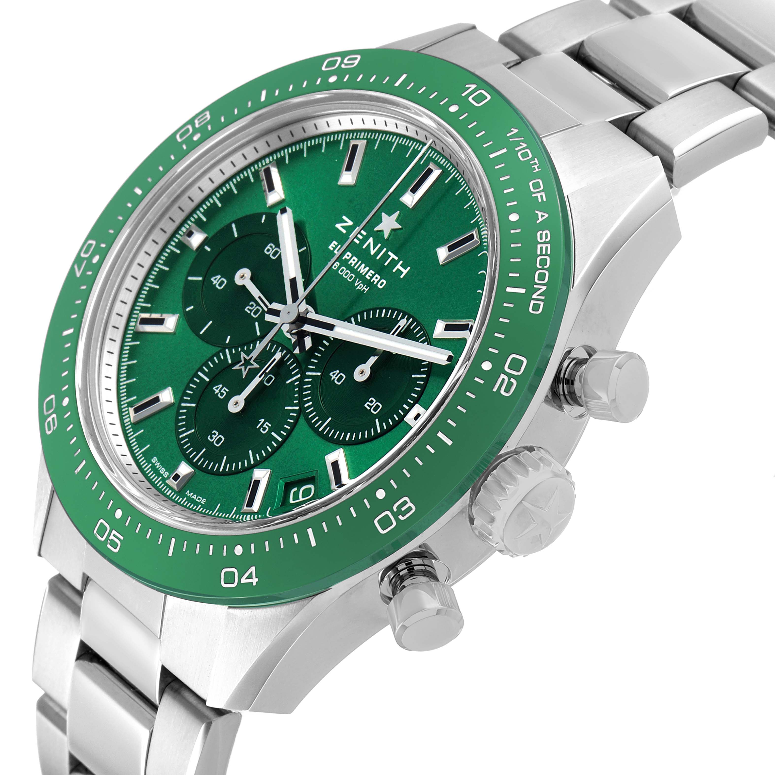 The Zenith Chronomaster 03.3107.3600 Men's Stainless Steel Green Dial watch is shown at an angled view highlighting the green bezel, chronograph dials, and metal bracelet.