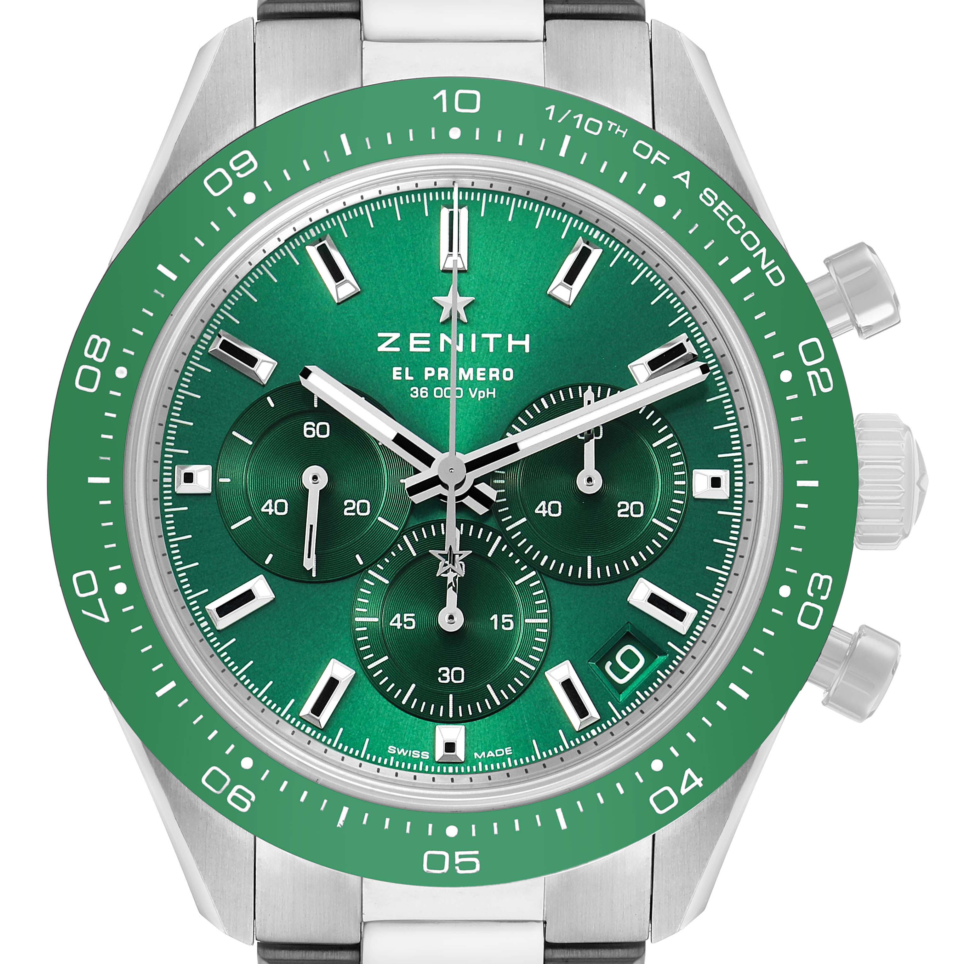 The Zenith Chronomaster 03.3107.3600 Men's Stainless Steel Green Dial watch is shown from the front, displaying its green dial and chronograph subdials.
