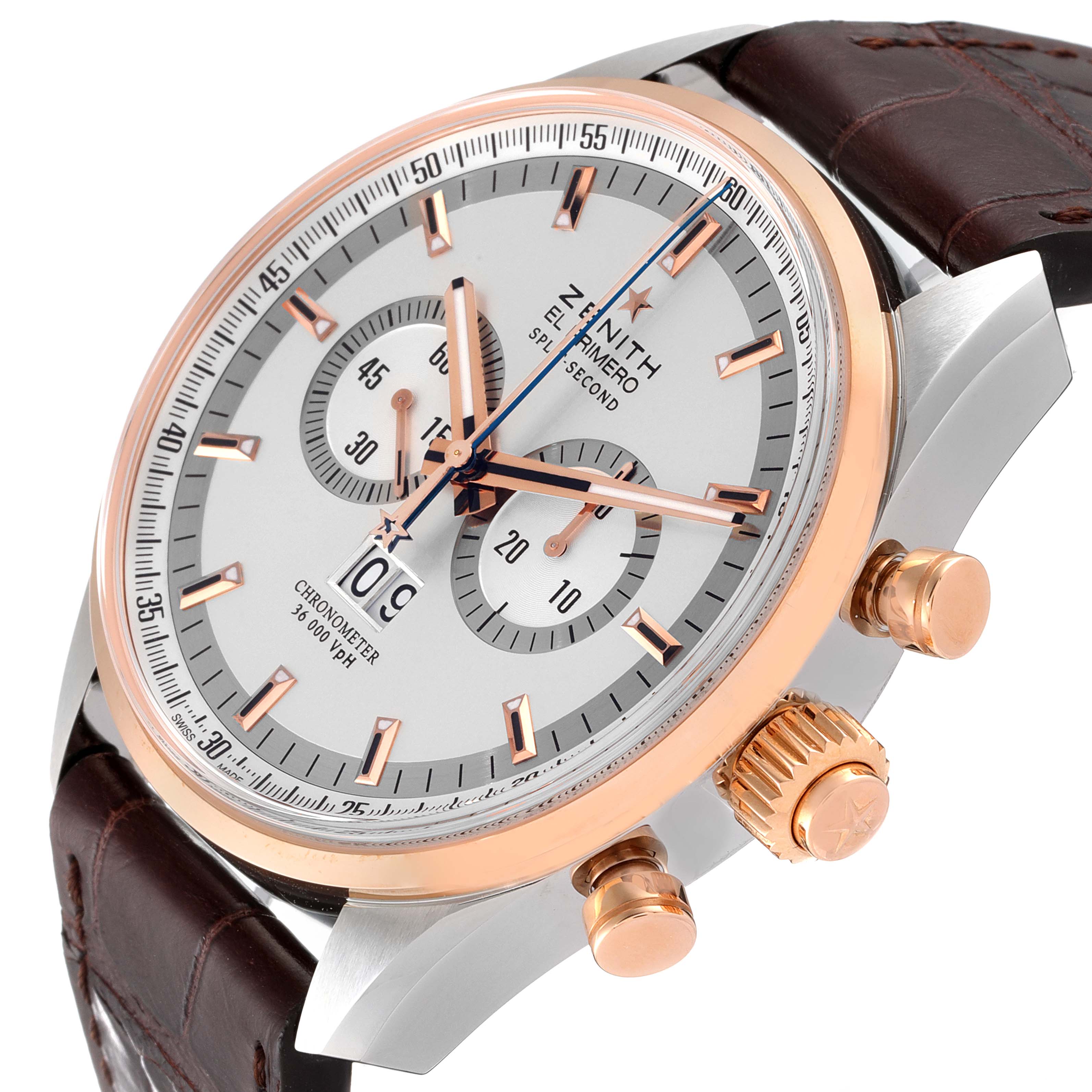 The image shows a close-up angled view of the Zenith El Primero 51.2050.4026/01.C631 Men
s Rose Gold Silver Dial 51.2050.4026/01.C631 Men
s Rose Gold Silver Dial watch, highlighting the dial, crown, subdials, and leather strap.