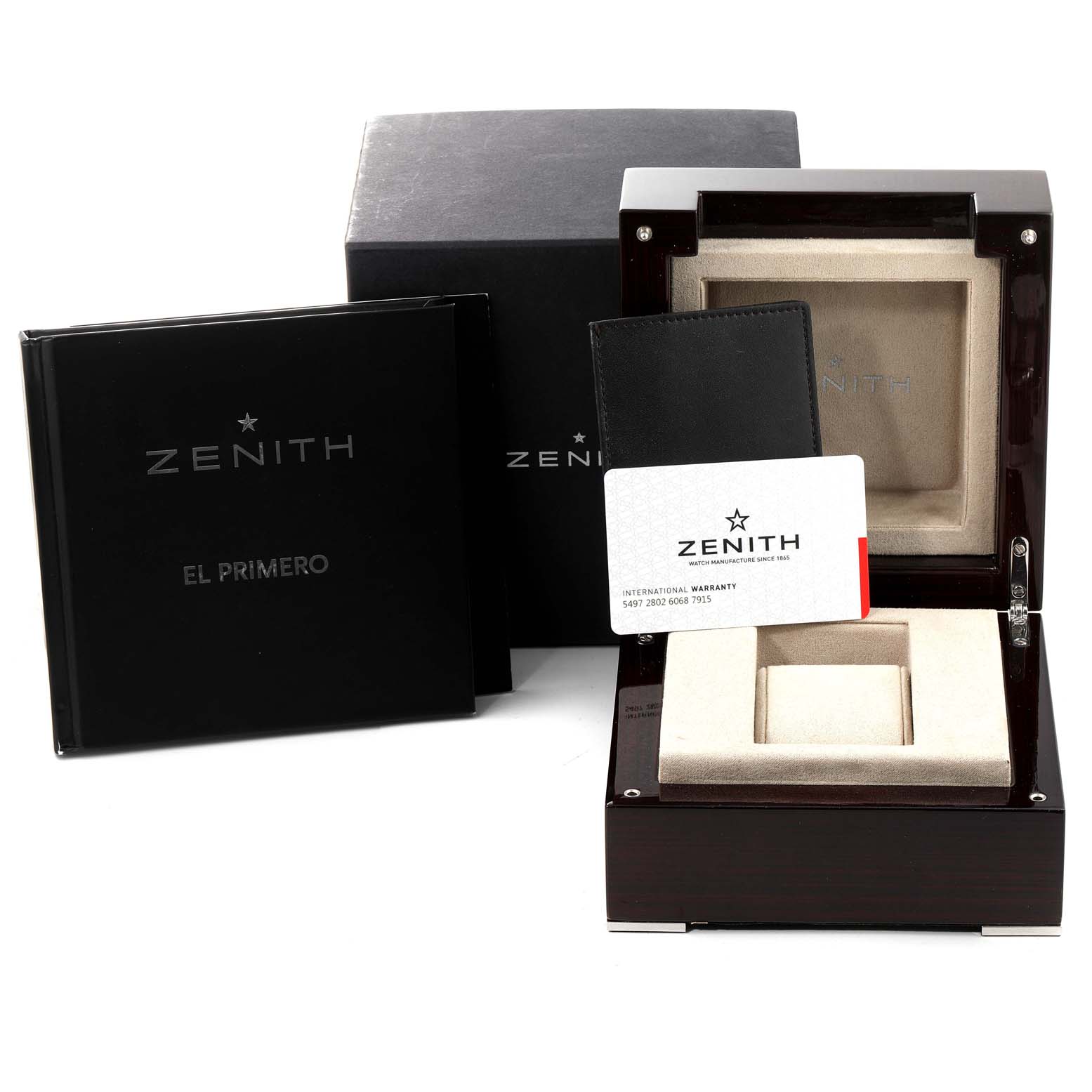 The image shows the Zenith El Primero 51.2050.4026/01.C631 Men
s Rose Gold Silver Dial 51.2050.4026/01.C631 Men
s Rose Gold Silver Dial watch box, international warranty card, and manual.