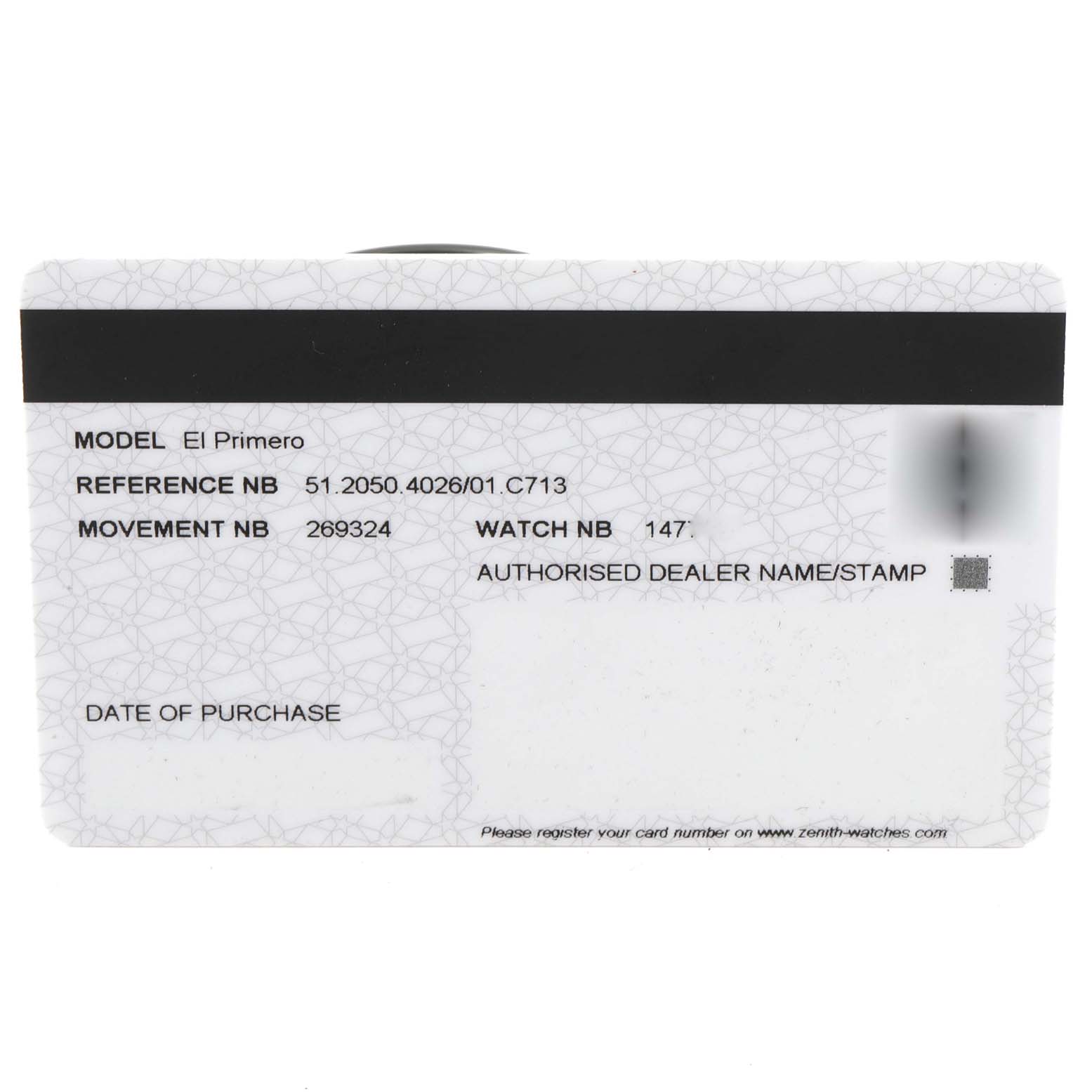 This image shows a Zenith El Primero 51.2050.4026/01.C631 Men
s Rose Gold Silver Dial 51.2050.4026/01.C631 Men
s Rose Gold Silver Dial model warranty card featuring reference, movement, and watch numbers.