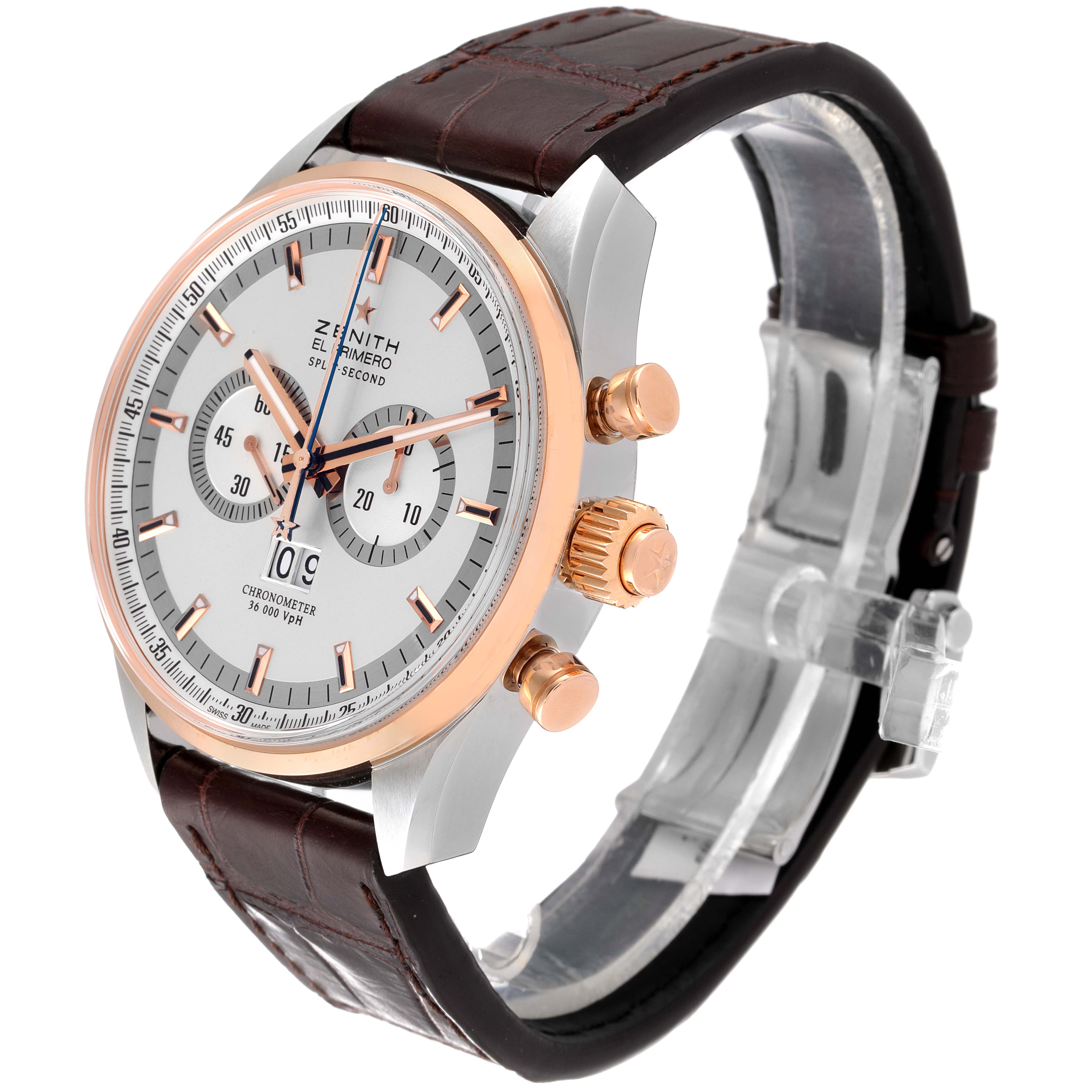 The Zenith El Primero 51.2050.4026/01.C631 Men
s Rose Gold Silver Dial 51.2050.4026/01.C631 Men
s Rose Gold Silver Dial model watch is shown from an angled side view, displaying the face, crown, pushers, and leather strap.