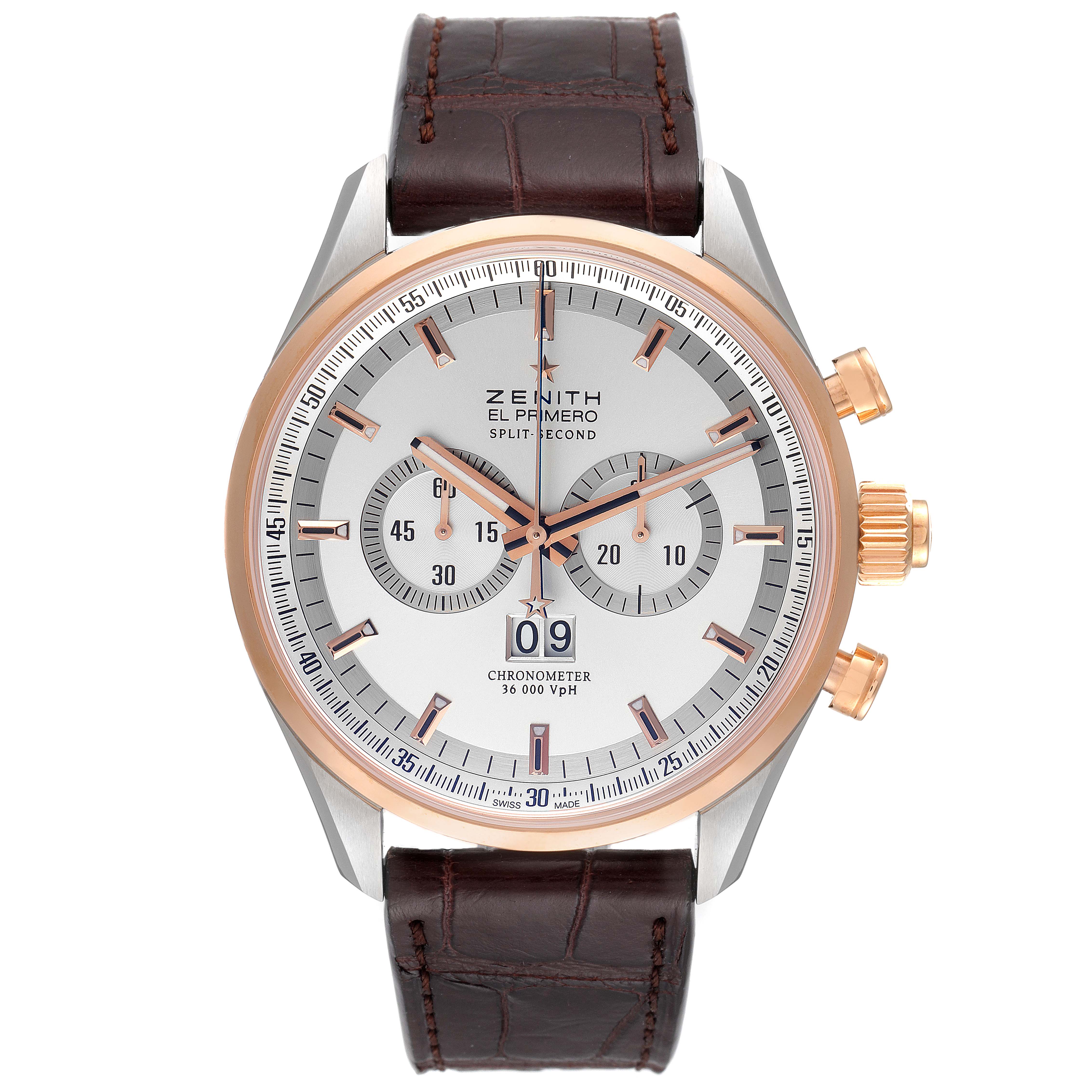 The image shows a Zenith El Primero 51.2050.4026/01.C631 Men
s Rose Gold Silver Dial 51.2050.4026/01.C631 Men
s Rose Gold Silver Dial watch from the front, highlighting the dial, subdials, crown, and leather strap.