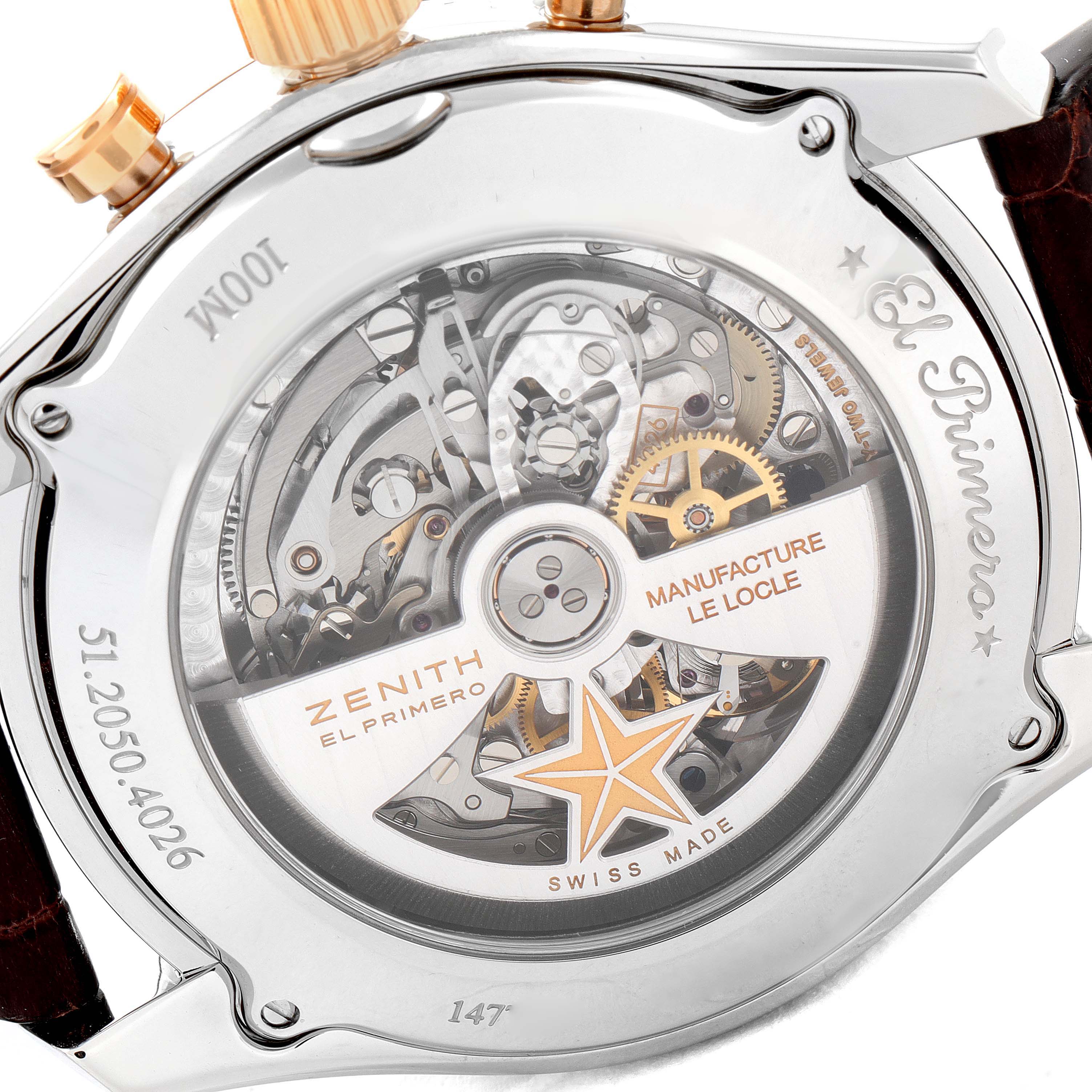 The image shows the back view of the Zenith El Primero 51.2050.4026/01.C631 Men
s Rose Gold Silver Dial 51.2050.4026/01.C631 Men
s Rose Gold Silver Dial watch, highlighting its intricate movement and transparent case back.