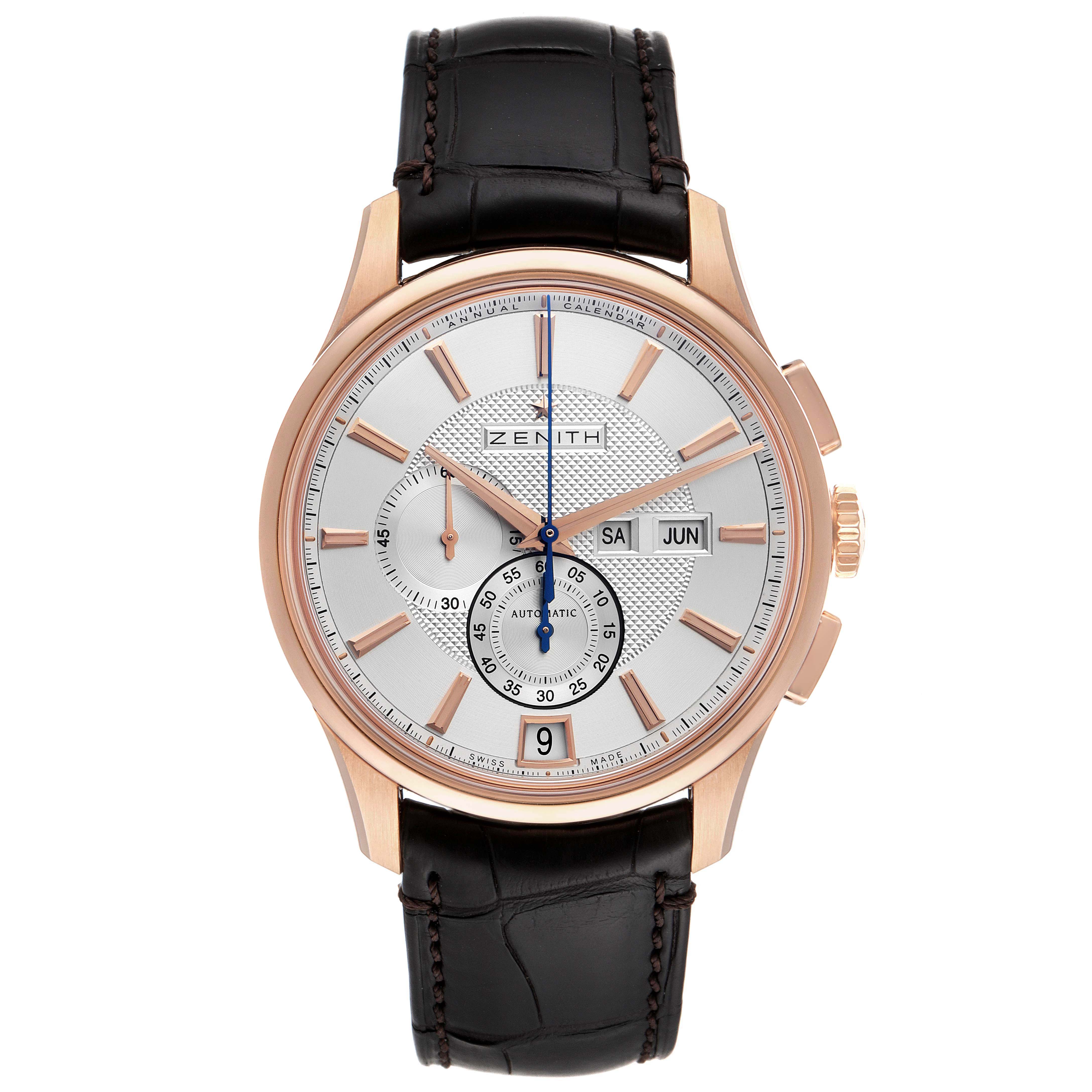 This Zenith El Primero 18.2070.4054/02.C711 Men's Rose Gold Silver Dial 18.2070.4054/02.C711 Men's Rose Gold Silver Dial watch is shown from the front, displaying the dial, face details, and leather strap.