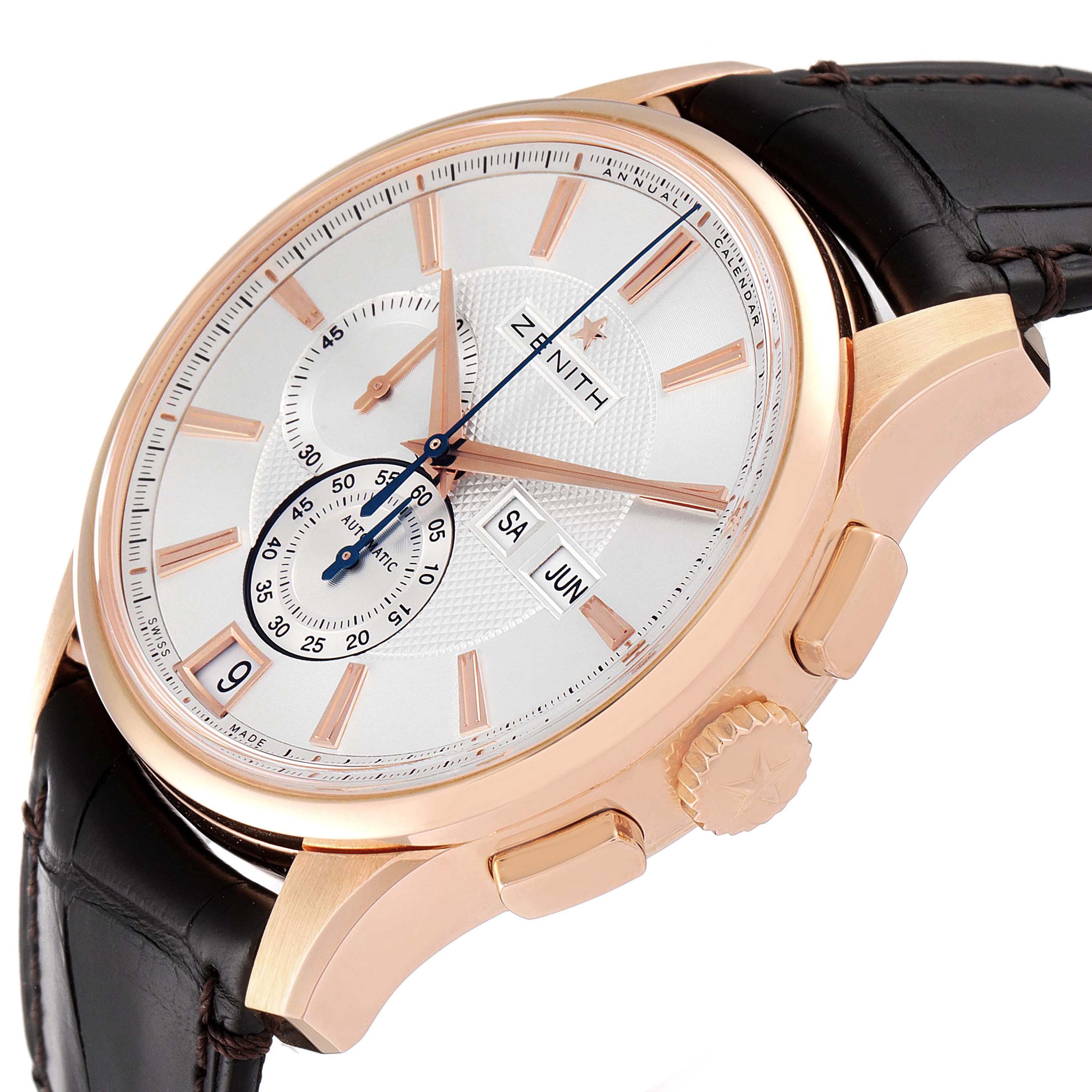 The Zenith El Primero 18.2070.4054/02.C711 Men's Rose Gold Silver Dial 18.2070.4054/02.C711 Men's Rose Gold Silver Dial watch is shown at an angled side view, highlighting the face, crown, pushers, and leather strap.