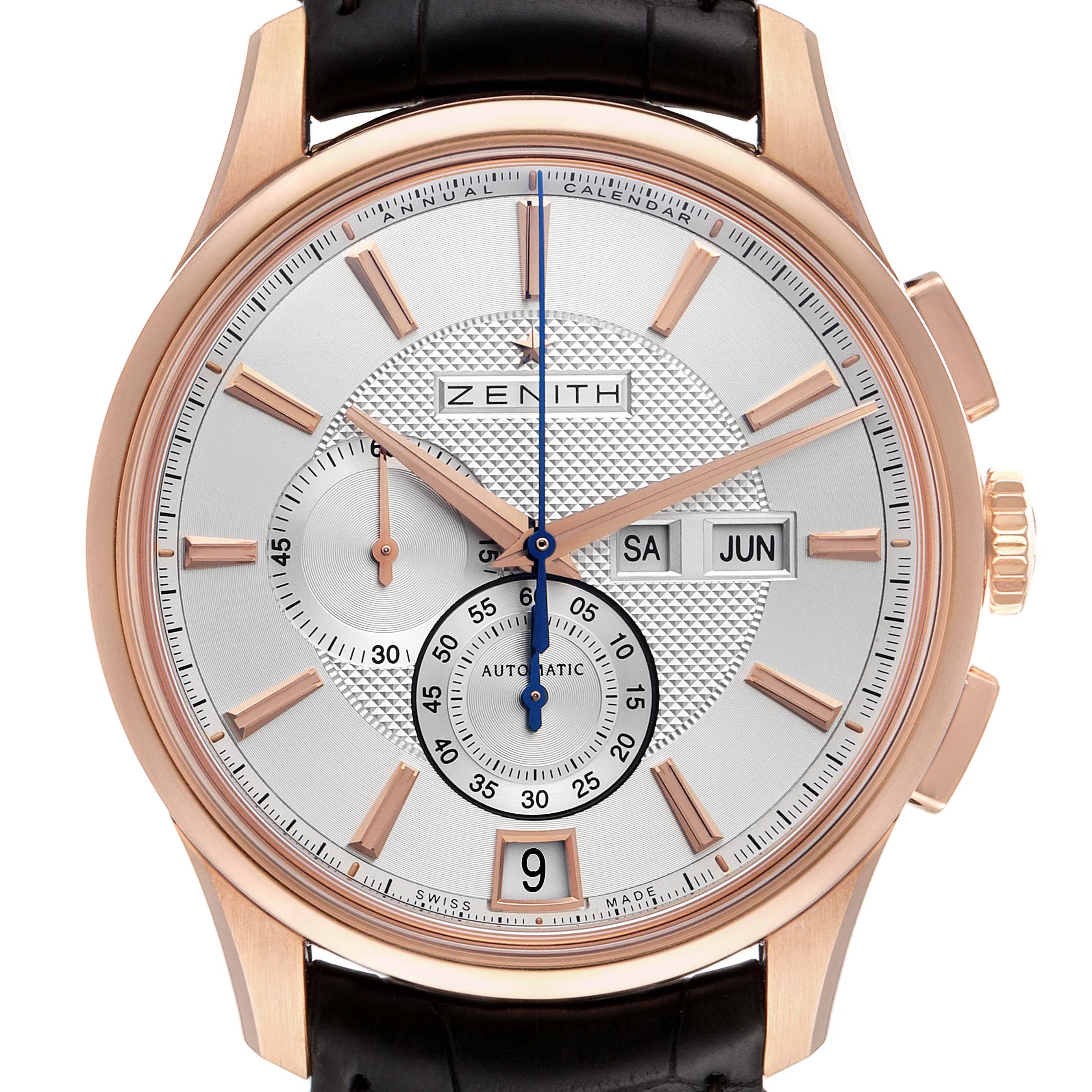 The image shows a front view of the Zenith El Primero 18.2070.4054/02.C711 Men's Rose Gold Silver Dial 18.2070.4054/02.C711 Men's Rose Gold Silver Dial watch, highlighting the dial, subdials, date, and month displays.