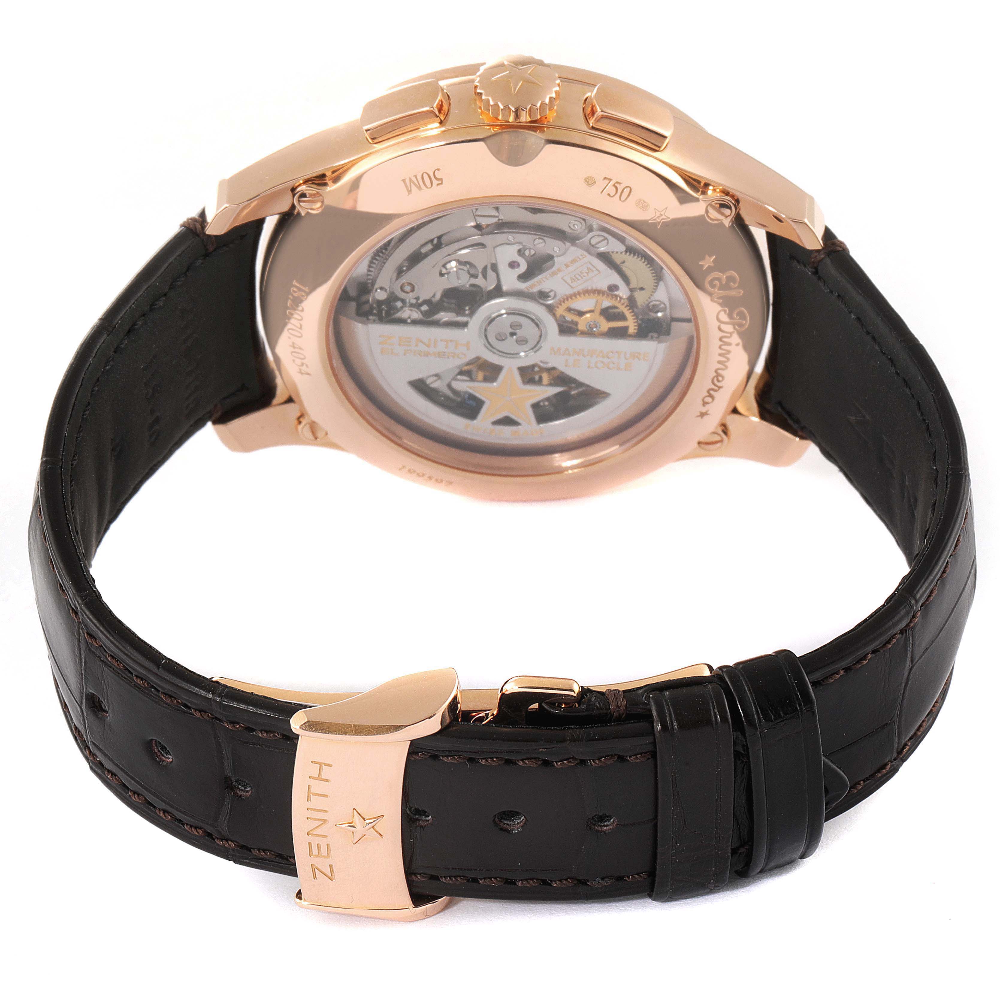 The image shows the back view of a Zenith El Primero 18.2070.4054/02.C711 Men's Rose Gold Silver Dial 18.2070.4054/02.C711 Men's Rose Gold Silver Dial watch, focusing on its movement and leather strap.