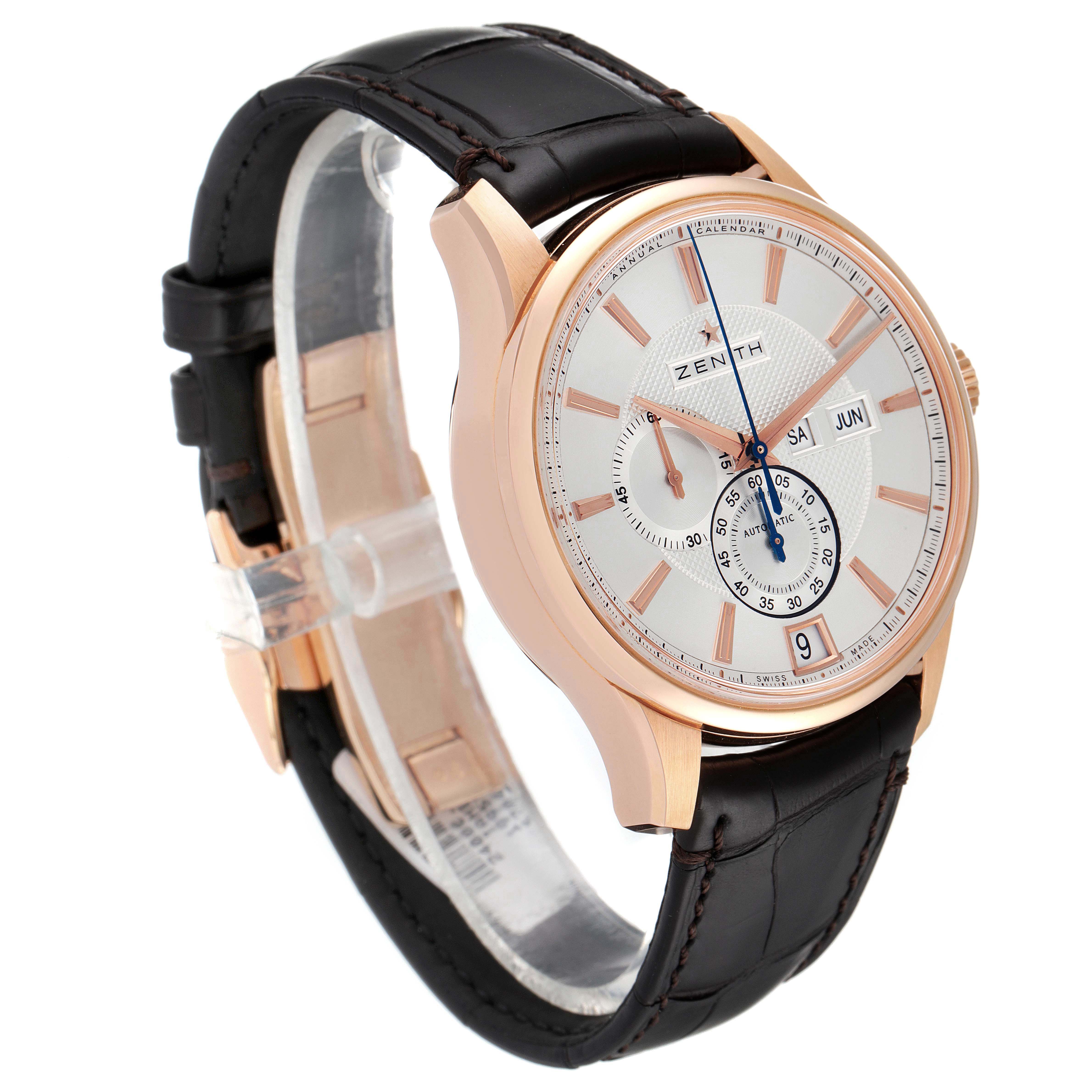 The Zenith El Primero 18.2070.4054/02.C711 Men's Rose Gold Silver Dial 18.2070.4054/02.C711 Men's Rose Gold Silver Dial watch is shown at a front-left angle, highlighting the face, dial, and brown leather strap.