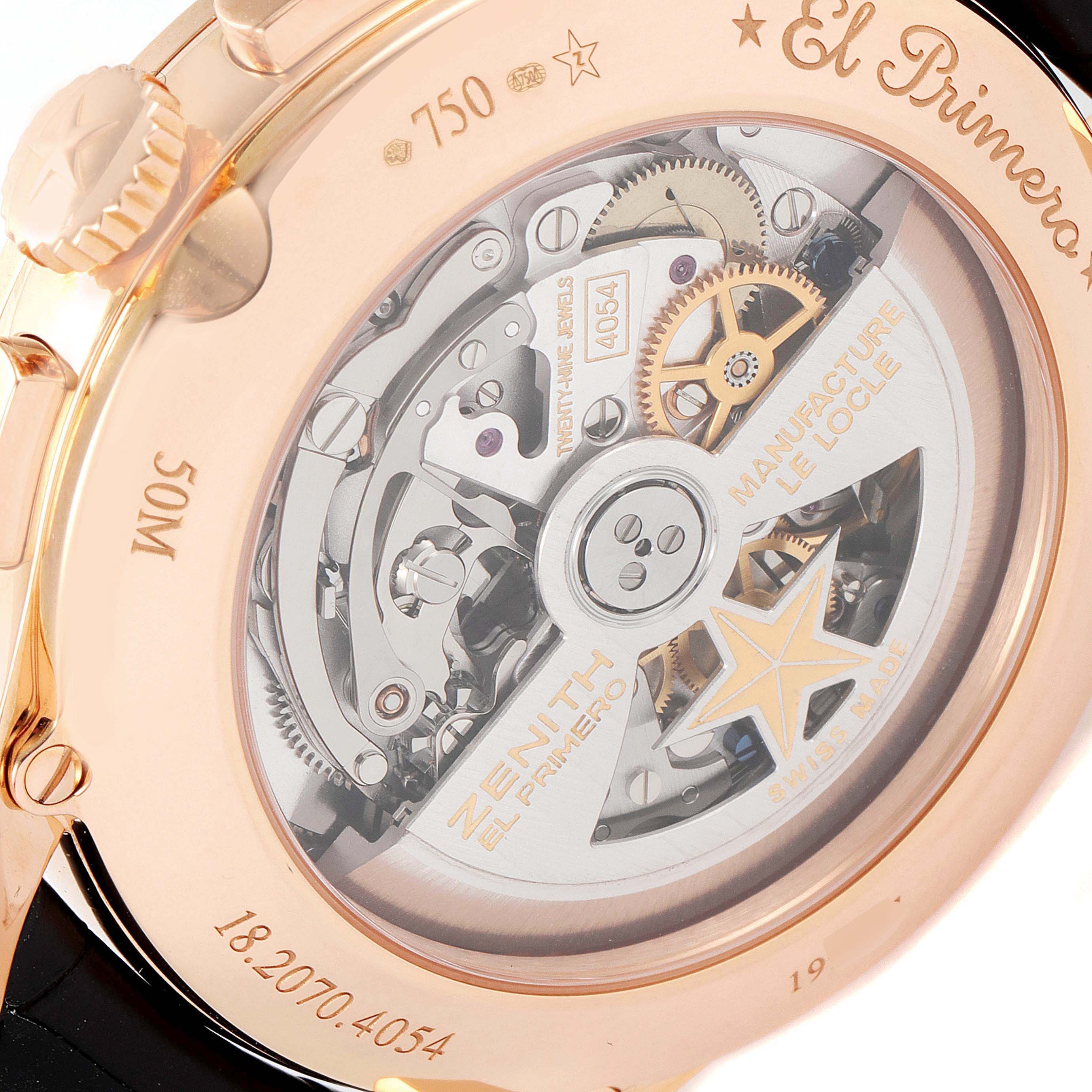 The image shows the back view of the Zenith El Primero 18.2070.4054/02.C711 Men's Rose Gold Silver Dial 18.2070.4054/02.C711 Men's Rose Gold Silver Dial watch, highlighting its internal mechanics and branding details.