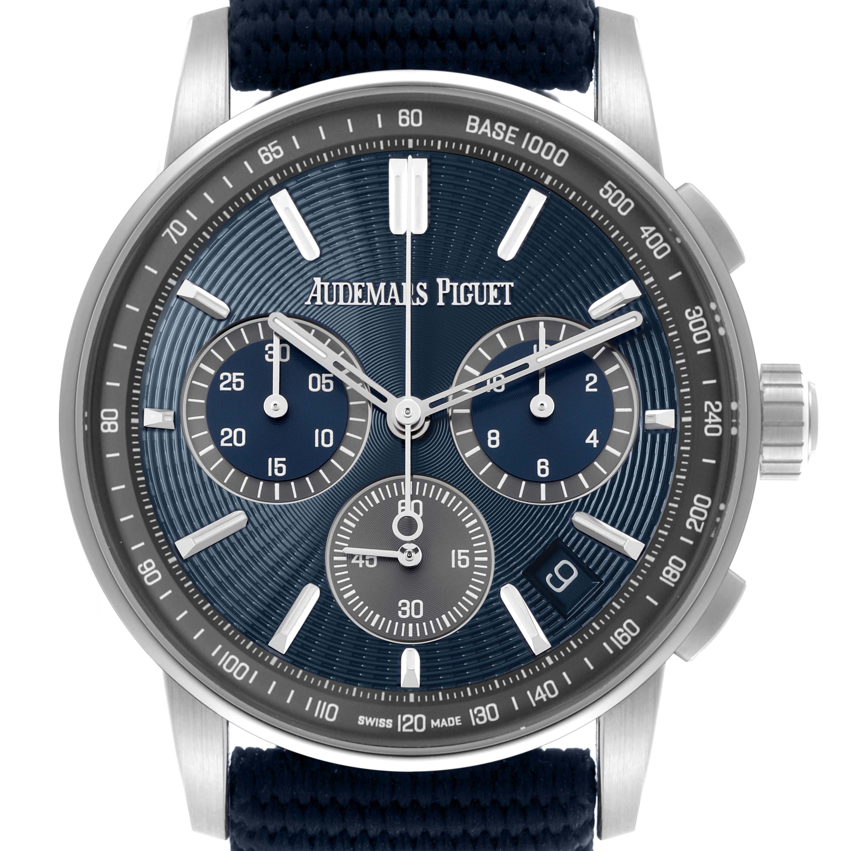 The Audemars Piguet Jules 26393ST.OO.A348KB.01 Men's Stainless Steel Blue Dial 26393ST.OO.A348KB.01 Men's Stainless Steel Blue Dial watch is shown from the front displaying its dial, hands, subdials, and crown.