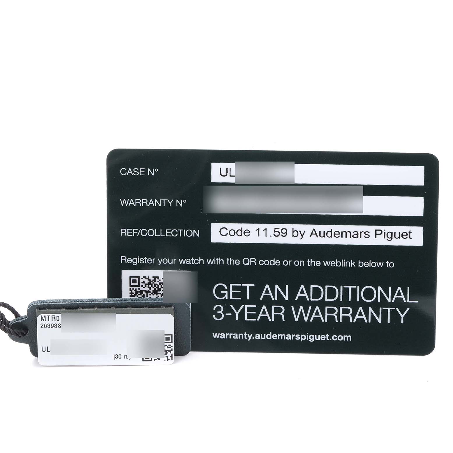 The image shows a warranty card and a tag for the Audemars Piguet Jules 26393ST.OO.A348KB.01 Men's Stainless Steel Blue Dial 26393ST.OO.A348KB.01 Men's Stainless Steel Blue Dial model, both at a front-facing angle.