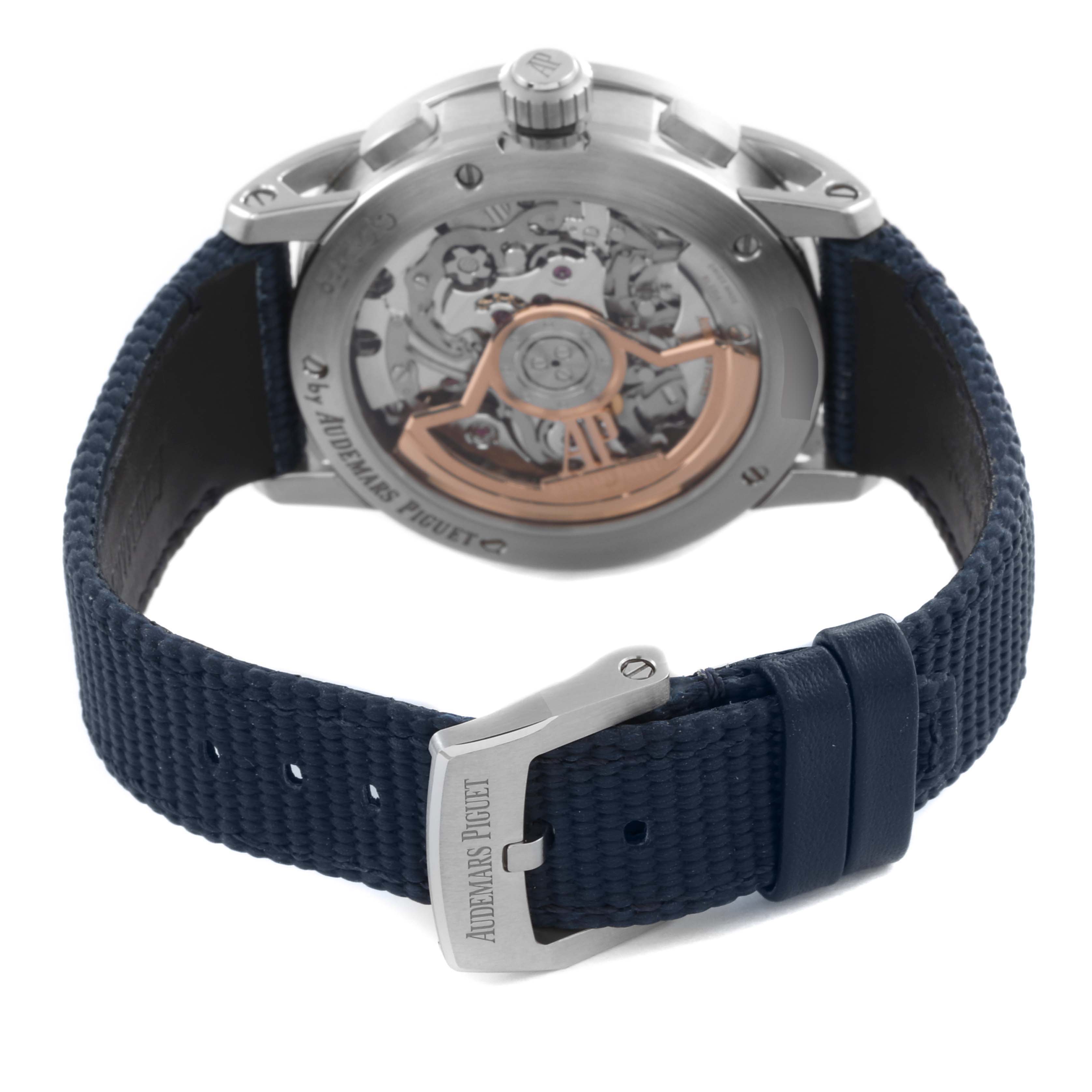 The Audemars Piguet Jules 26393ST.OO.A348KB.01 Men's Stainless Steel Blue Dial 26393ST.OO.A348KB.01 Men's Stainless Steel Blue Dial model is shown from the back, highlighting the transparent case back and blue strap.