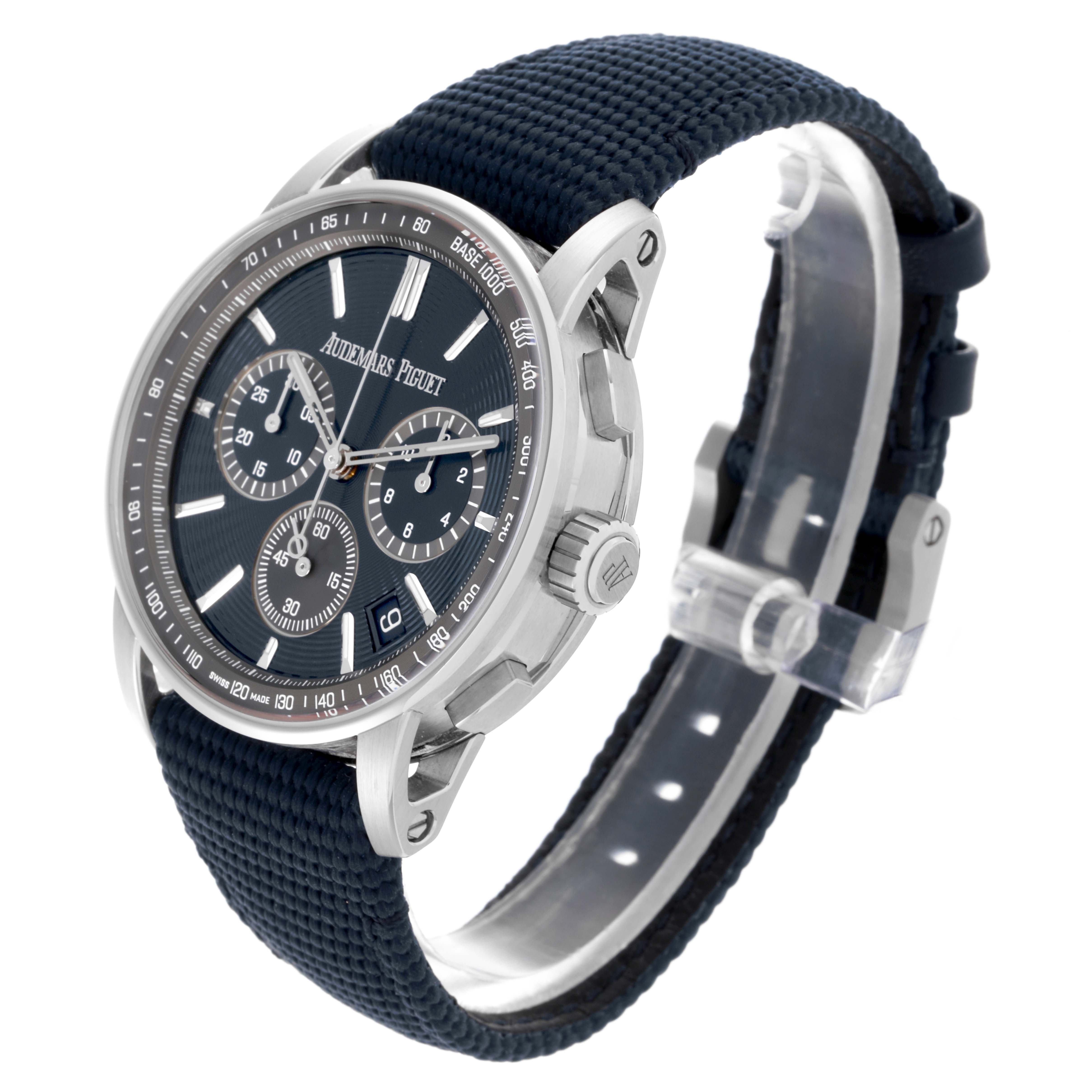 The Audemars Piguet Jules 26393ST.OO.A348KB.01 Men's Stainless Steel Blue Dial 26393ST.OO.A348KB.01 Men's Stainless Steel Blue Dial model is shown at a three-quarter angle, highlighting its face, crown, lugs, and textured strap.