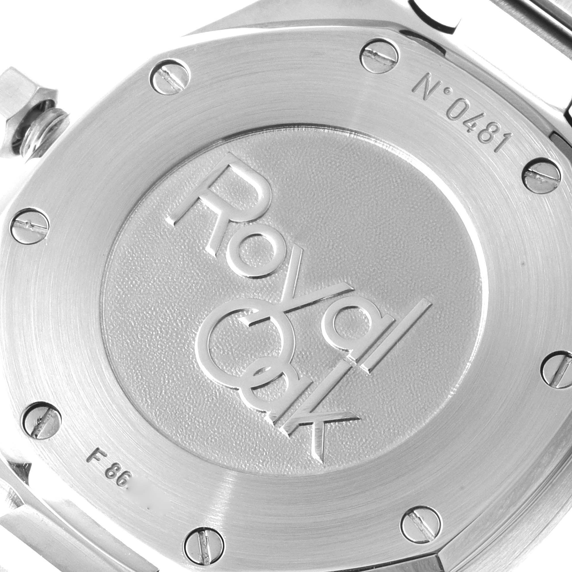 This image shows the case back of an Audemars Piguet Royal Oak 26120ST.00.1220ST.03 Men's Stainless Steel Black Dial 26120ST.00.1220ST.03 Men's Stainless Steel Black Dial watch, highlighting the "Royal Oak" engraving and serial number.